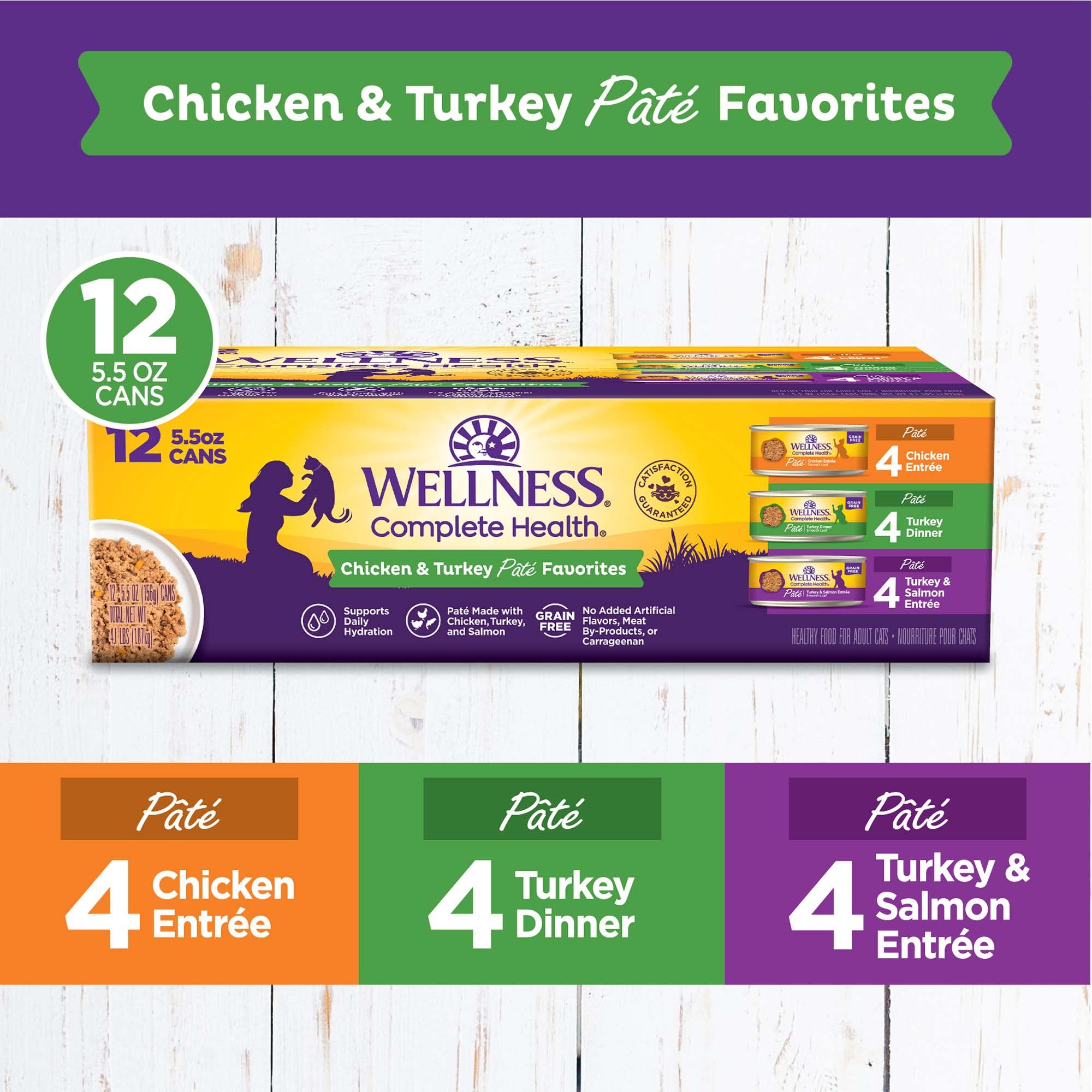 Wellness Complete Health Chicken and Turkey Pate Favorites Canned Cat Food - Variety Pack - 3 Oz - Case of 12 - 2 Pack  
