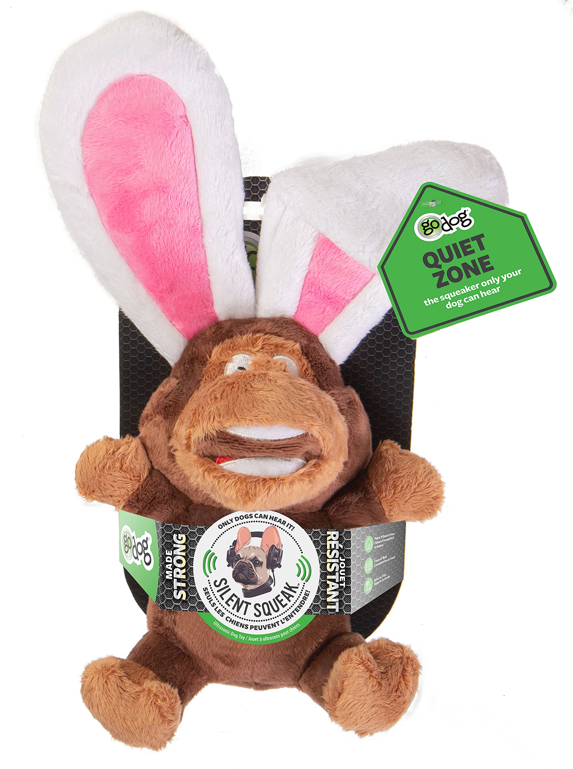 GoDog Silent Squeak Flips Monkey Rabbit Chew Dog Toy with Chew-Guard Tech - Large  