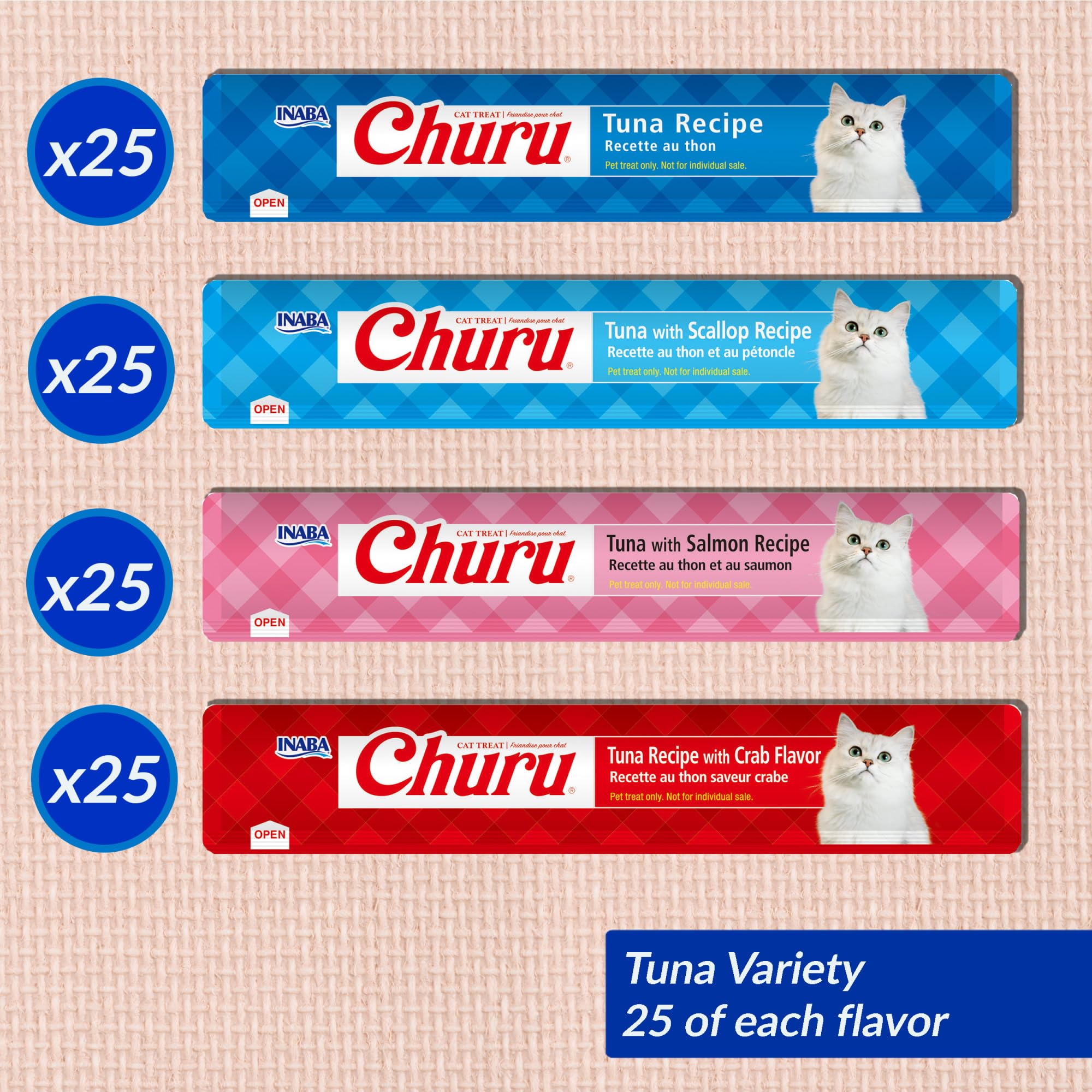 Inaba Churu Tuna and Seafood Lickable and Squeezable Puree Cat Treat Pouches - Variety Pack - .5 Oz - Case of 20  