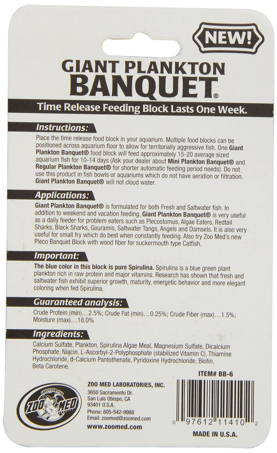 Zoo Med Laboratories Plankton Banquet Block Time-Release Saltwater or Freshwater Fish Food - Giant  