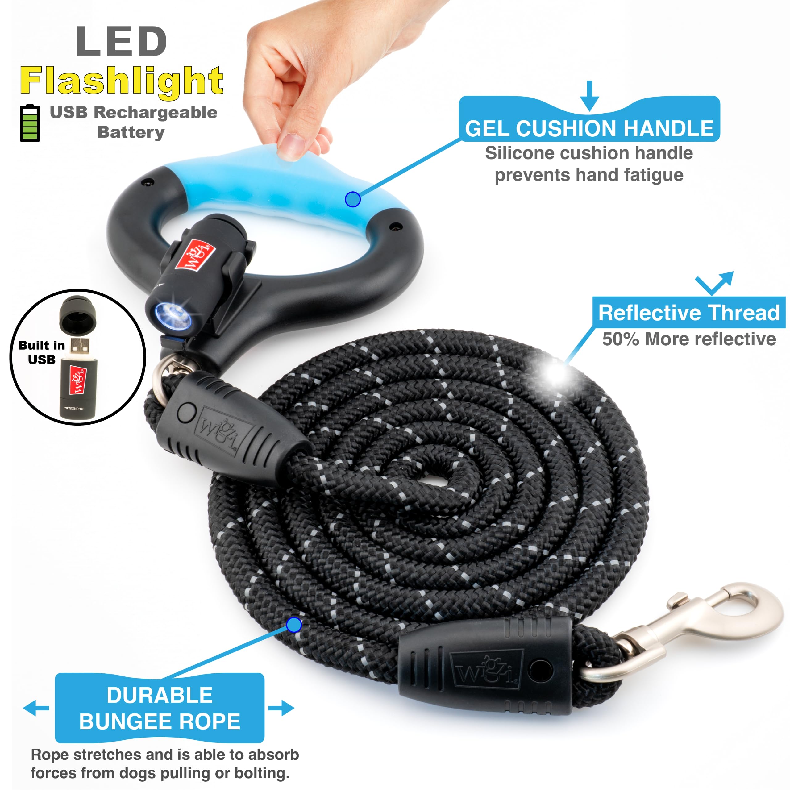 Wigzi Luna LED Lighting and Reflective Gel Handle Grip Cable Dog Leash - Red - 6 Feet  