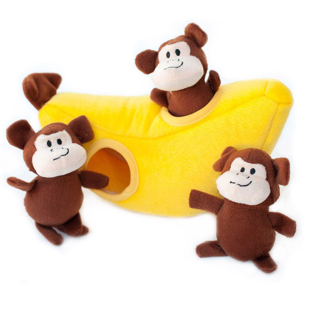 Zippy Paws Burrow Monkey and Banana Hide-and-Seek Interactive Squeak and Plush Dog Toy  