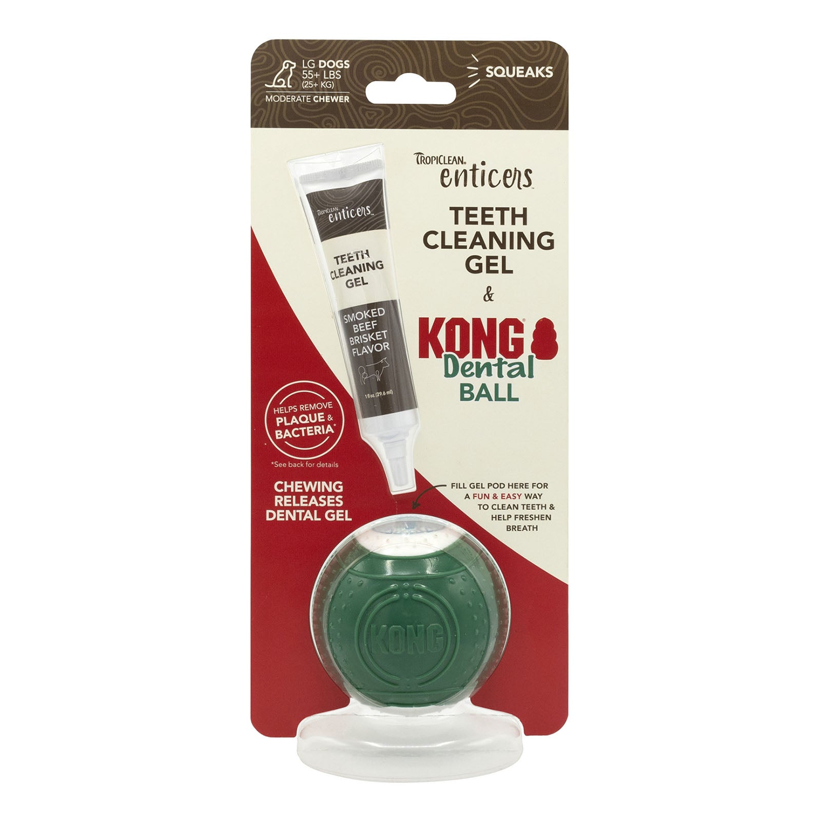 Tropiclean Enticers Smoked Beef Teeth Cleaning Dental Gel Kit with Kong Ball Dog Toy - 1 Oz - Large Ball