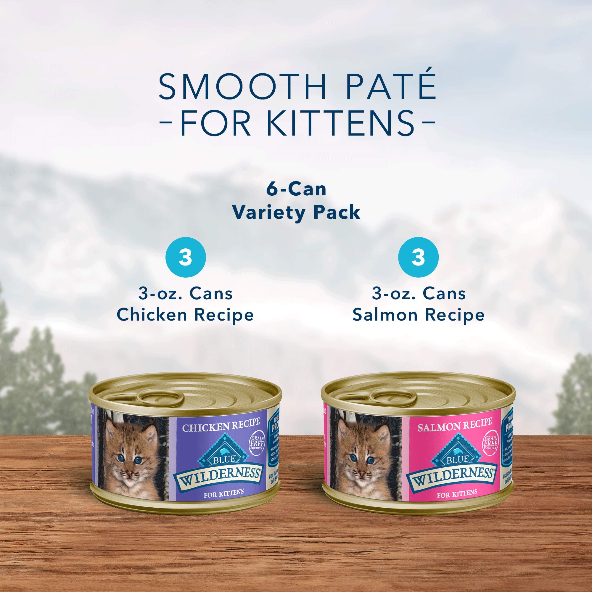 Blue Buffalo Wilderness Chicken and Salmon Pate Kitten Canned Cat Food - Variety Pack - 3 Oz - Case of 6 - 4 Pack  