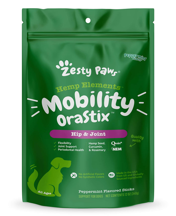 Zesty Paws Hemp Elements Mobility Hip and Joint OraStix Peppermint Flavor Dental Dog Tr...