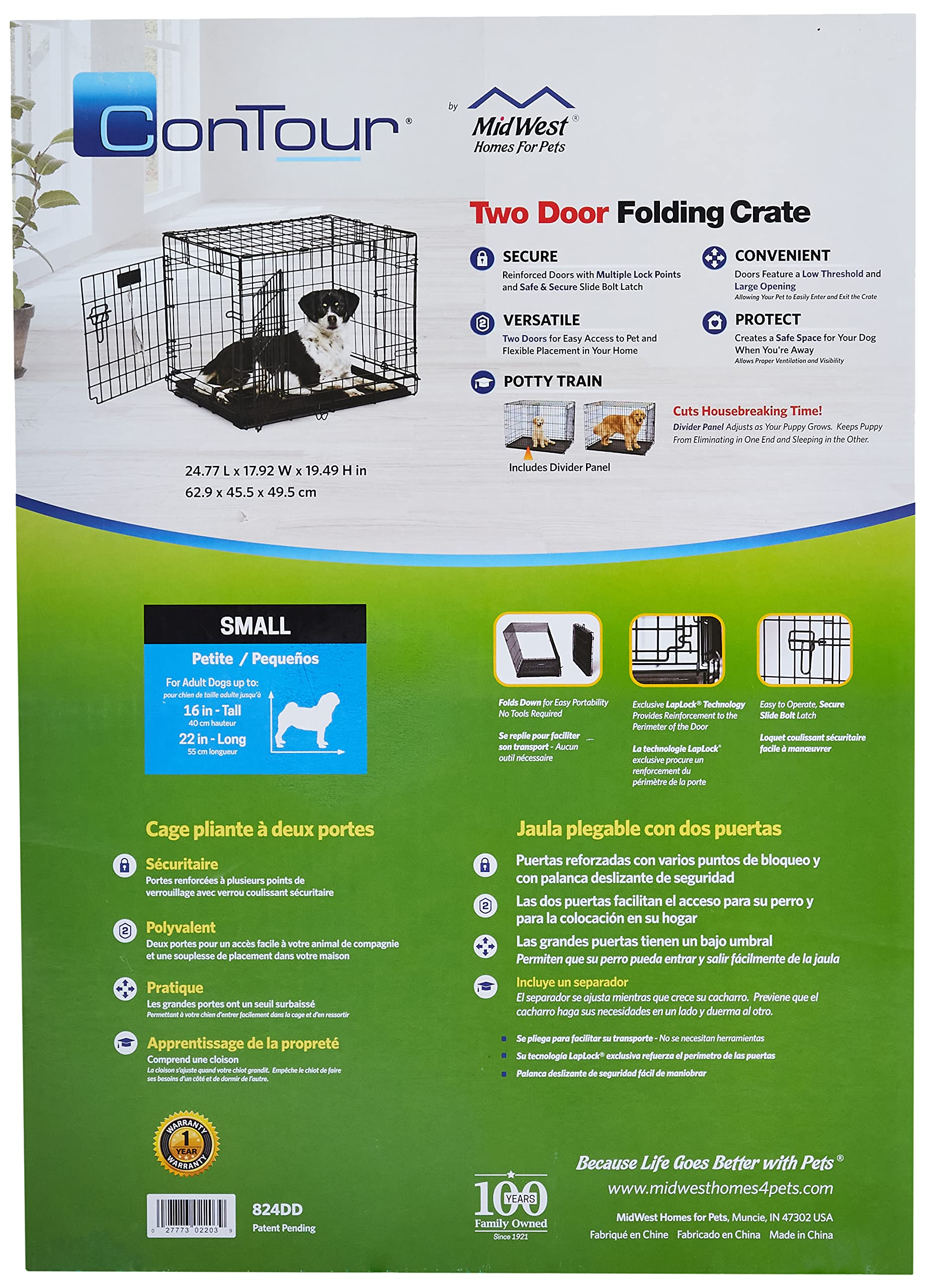 Midwest Contour Metal Folding Double Door Dog Crate - 24" X 18" X 19" Inches  