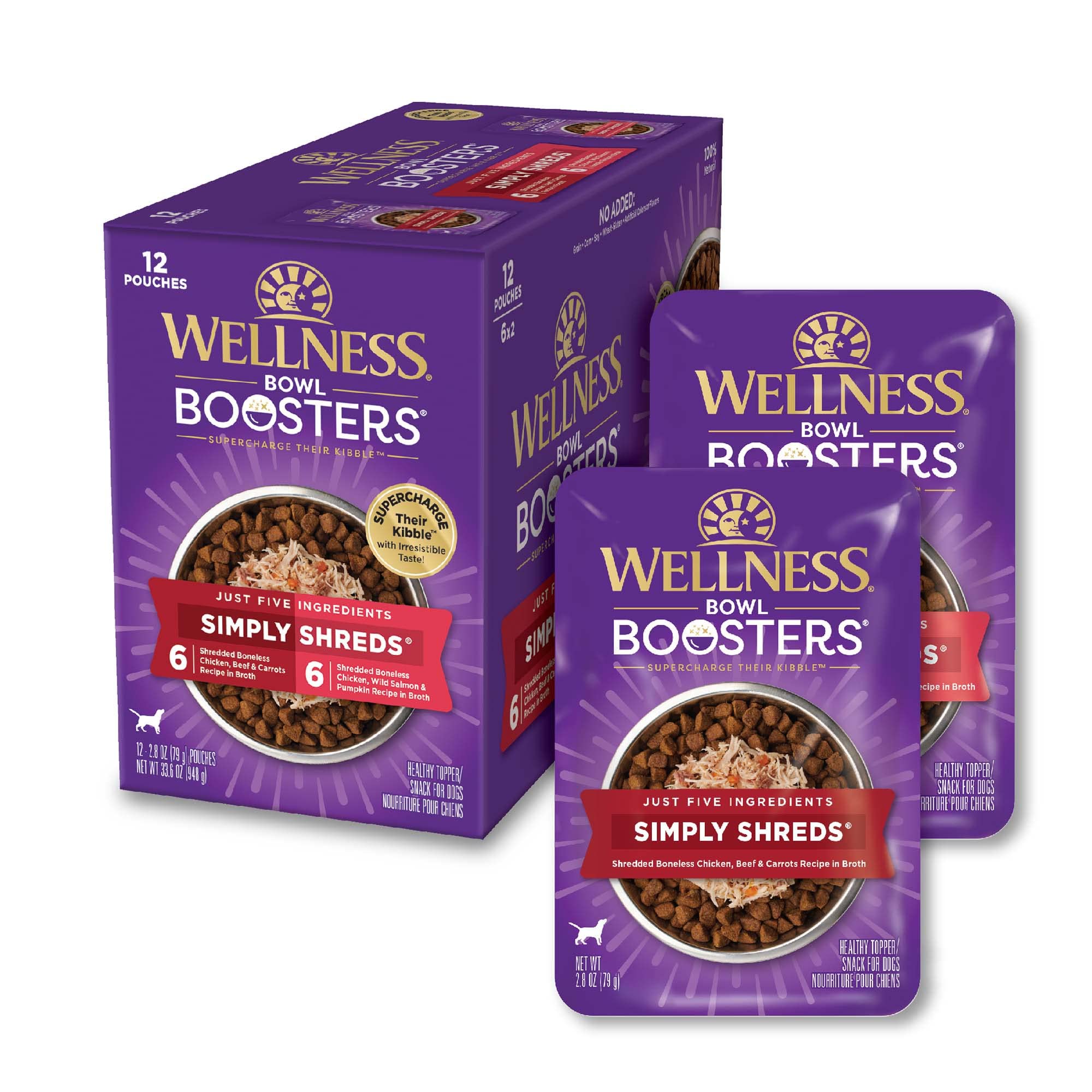 Wellness Core Bowl Boosters Grain-Free Simply Shreds 4 Flavors Wet Dog Food Topper Pouch - Variety Pack - 2.8 Oz - Case of 12 - 2 Pack  