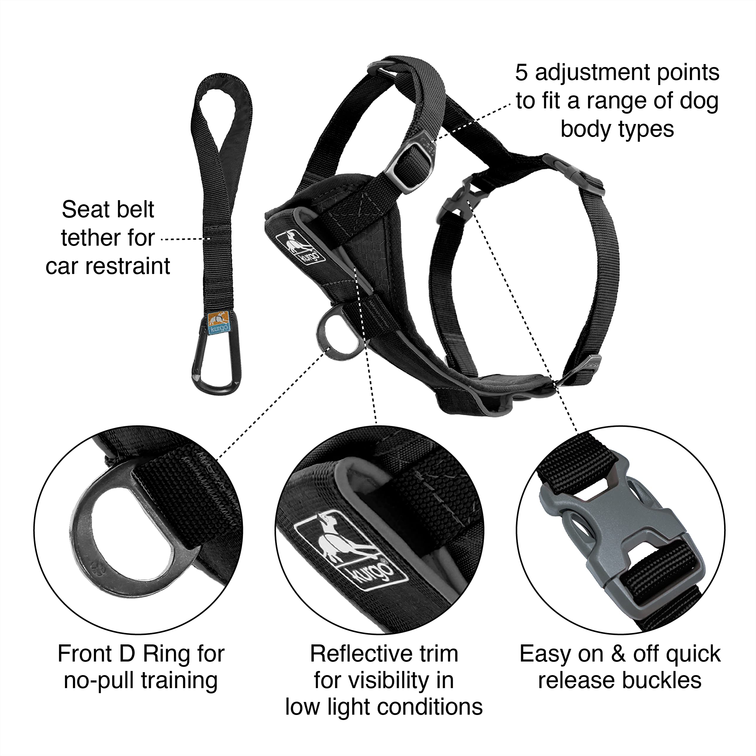 Kurgo Tru-Fit Enhanced Strength No-Pull Smart Dog Harness - Black