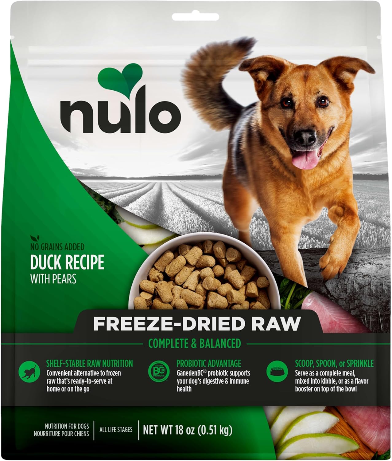 Nulo Grain-Free Freeze-Dried Raw Duck with Pears Complete and Balanced Dry Dog Food 18 Ounce