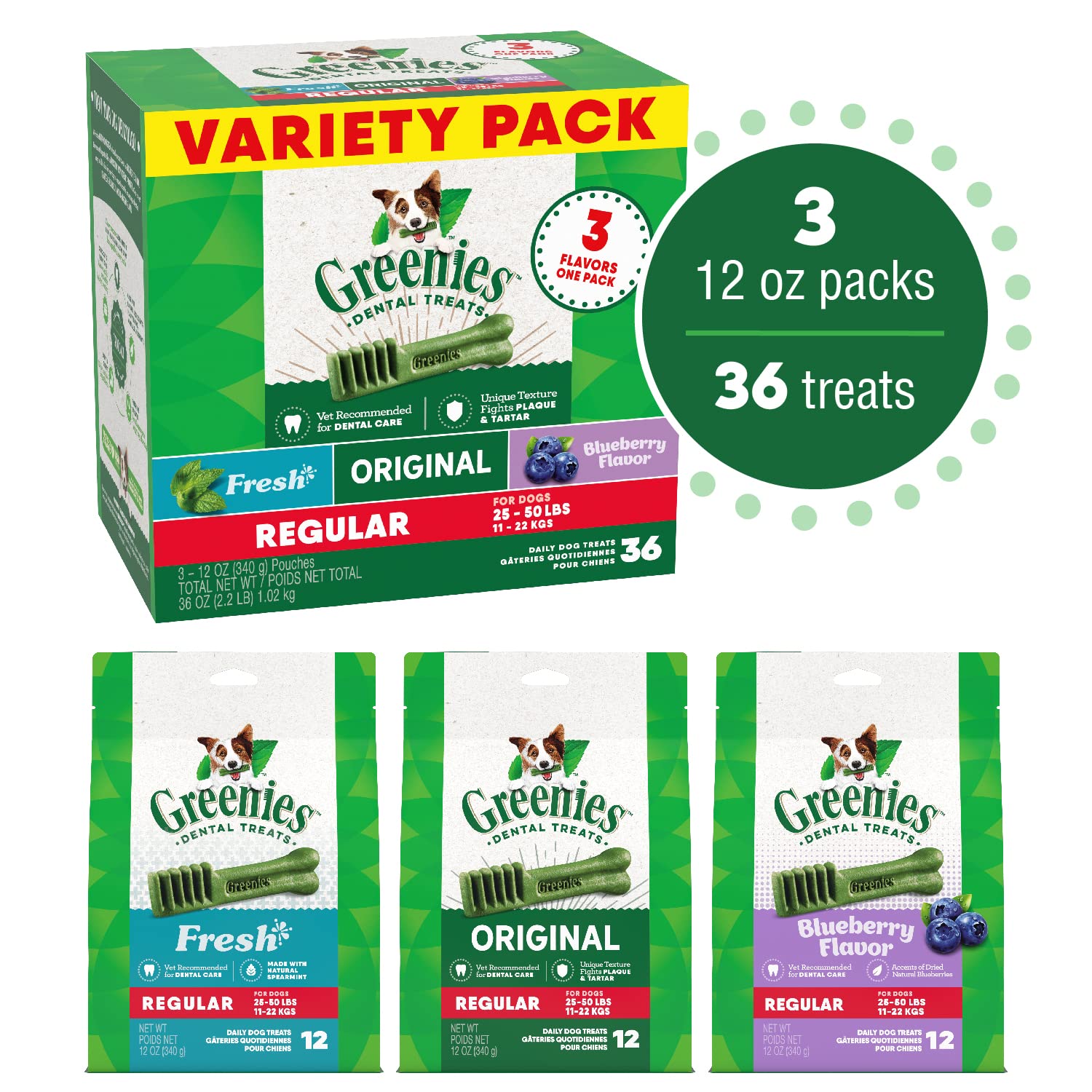 Greenies 3 Flavors Assorted Dental Dog Chews - Variety Pack - Regular - 36 Oz  