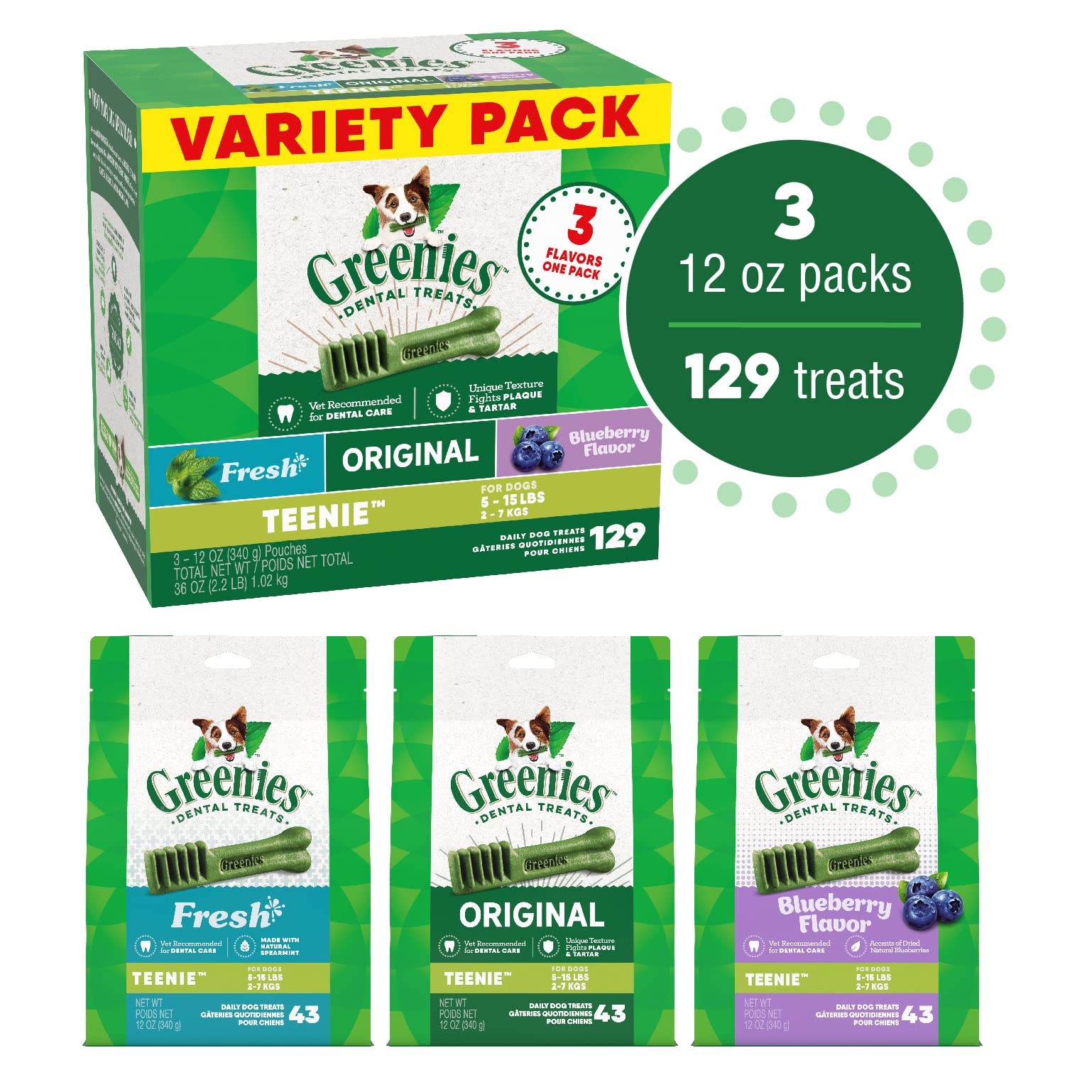 Greenies 3 Flavors Assorted Dental Dog Chews - Variety Pack - Teenie - 36 Oz  