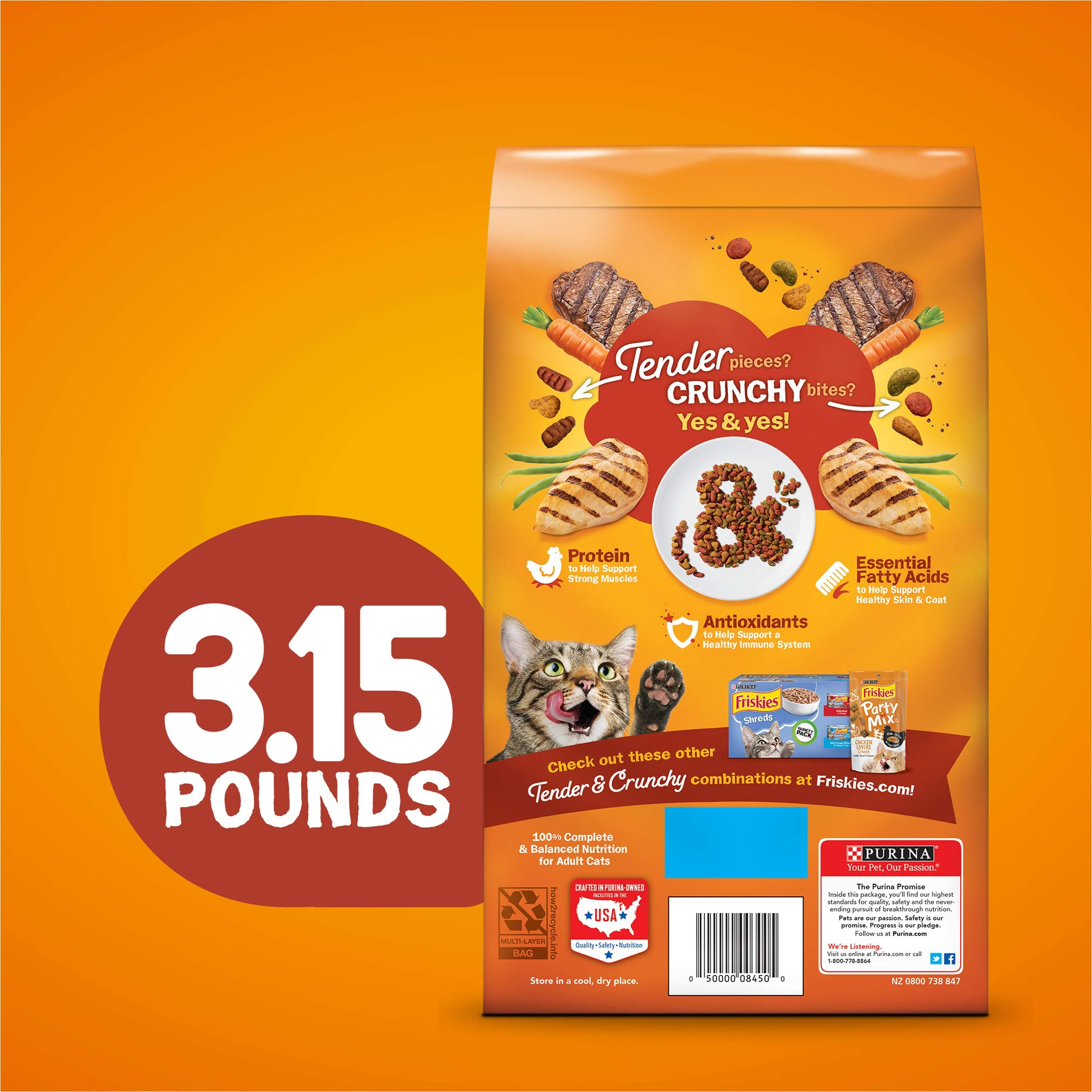 Purina Friskies Tender and Crunchy Chicken Beef Carrots and Beans Dry Cat Food - 3.15 Lbs - Case of 4  