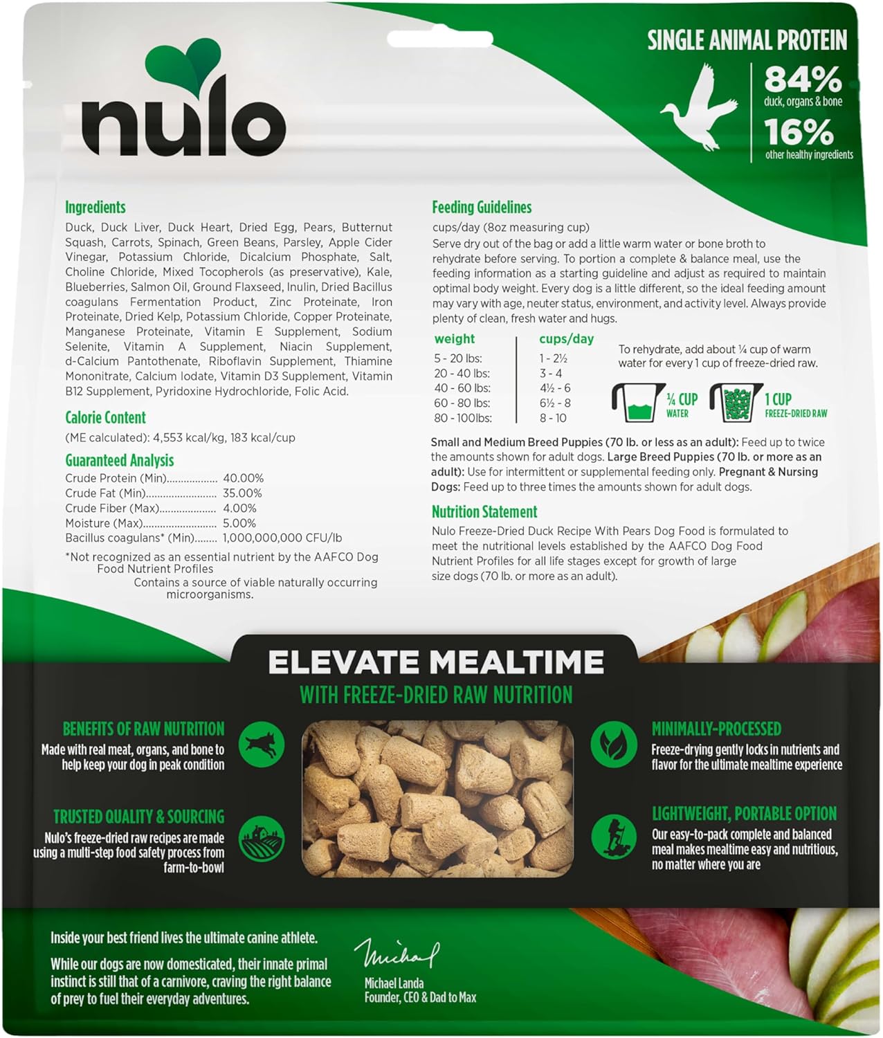 Nulo Grain-Free Freeze-Dried Raw Duck with Pears Complete and Balanced Dry Dog Food