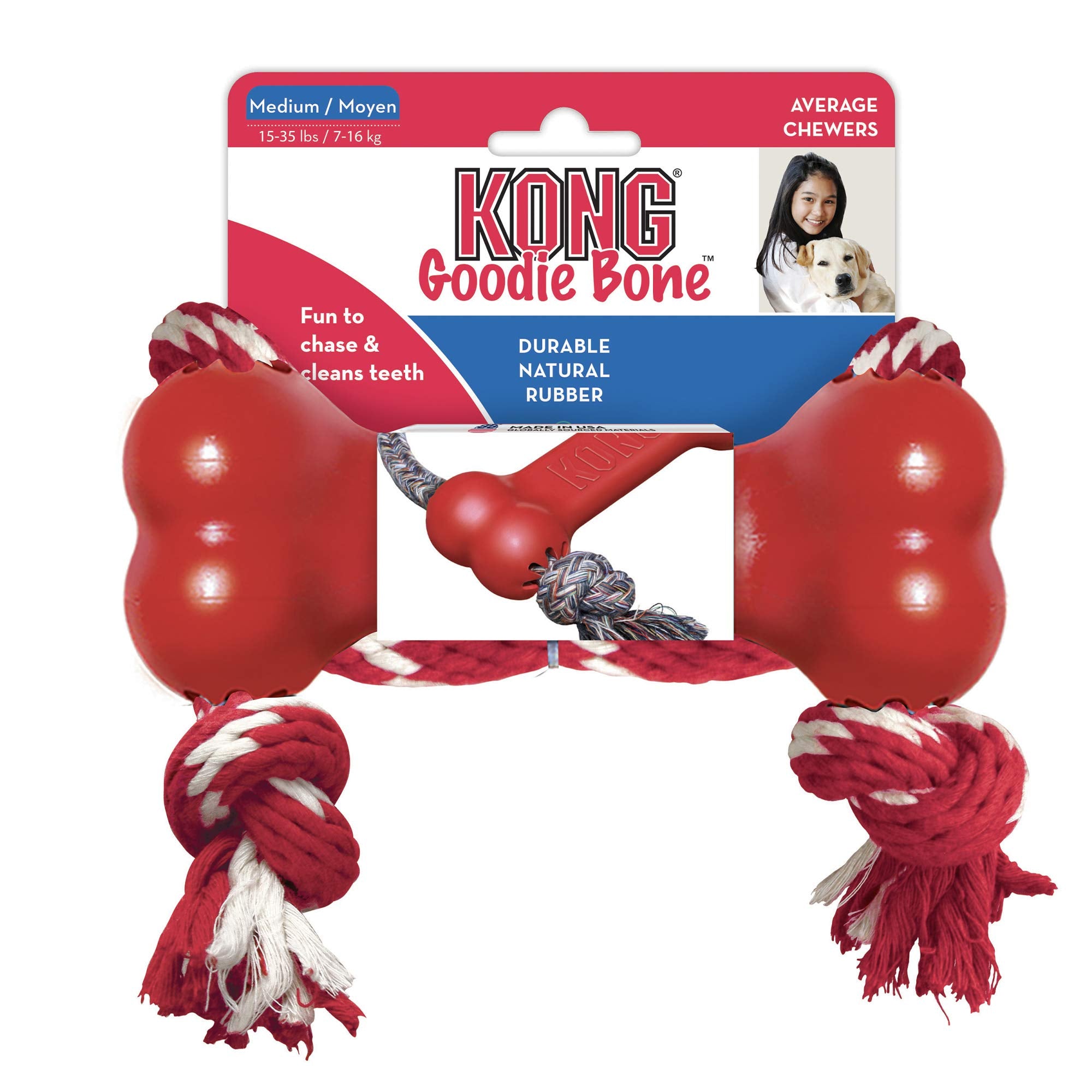 Kong Goodie Bone with Rope Durable Rubber Puppy Dog Toy - Extra Small  