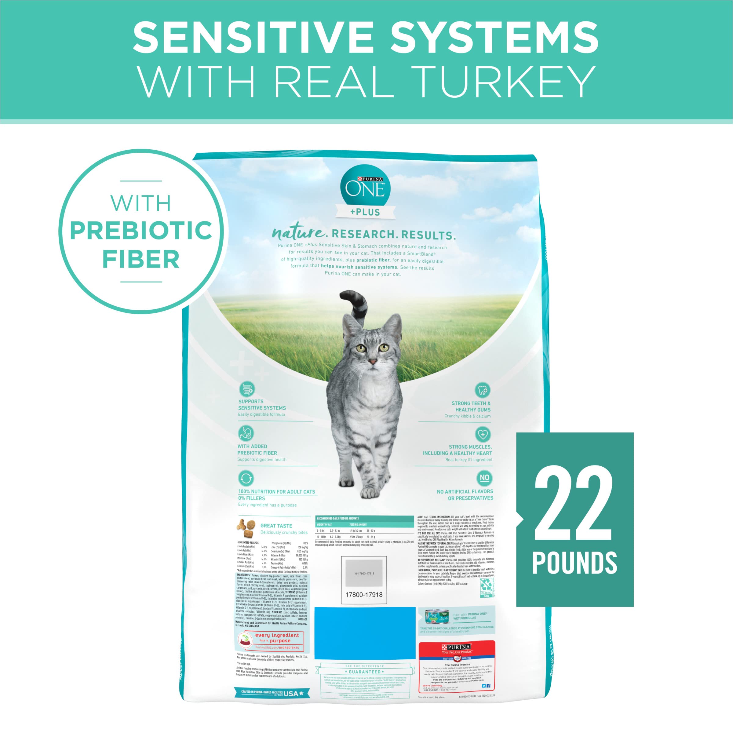 Purina One Sensitive Skin and Stomach Turkey Adult Dry Cat Food - 7 Lbs - Case of 4  