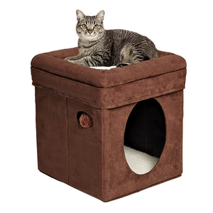 Midwest Nuvo Curious Cat Cube Cat House with Teaser - Brown/Beige