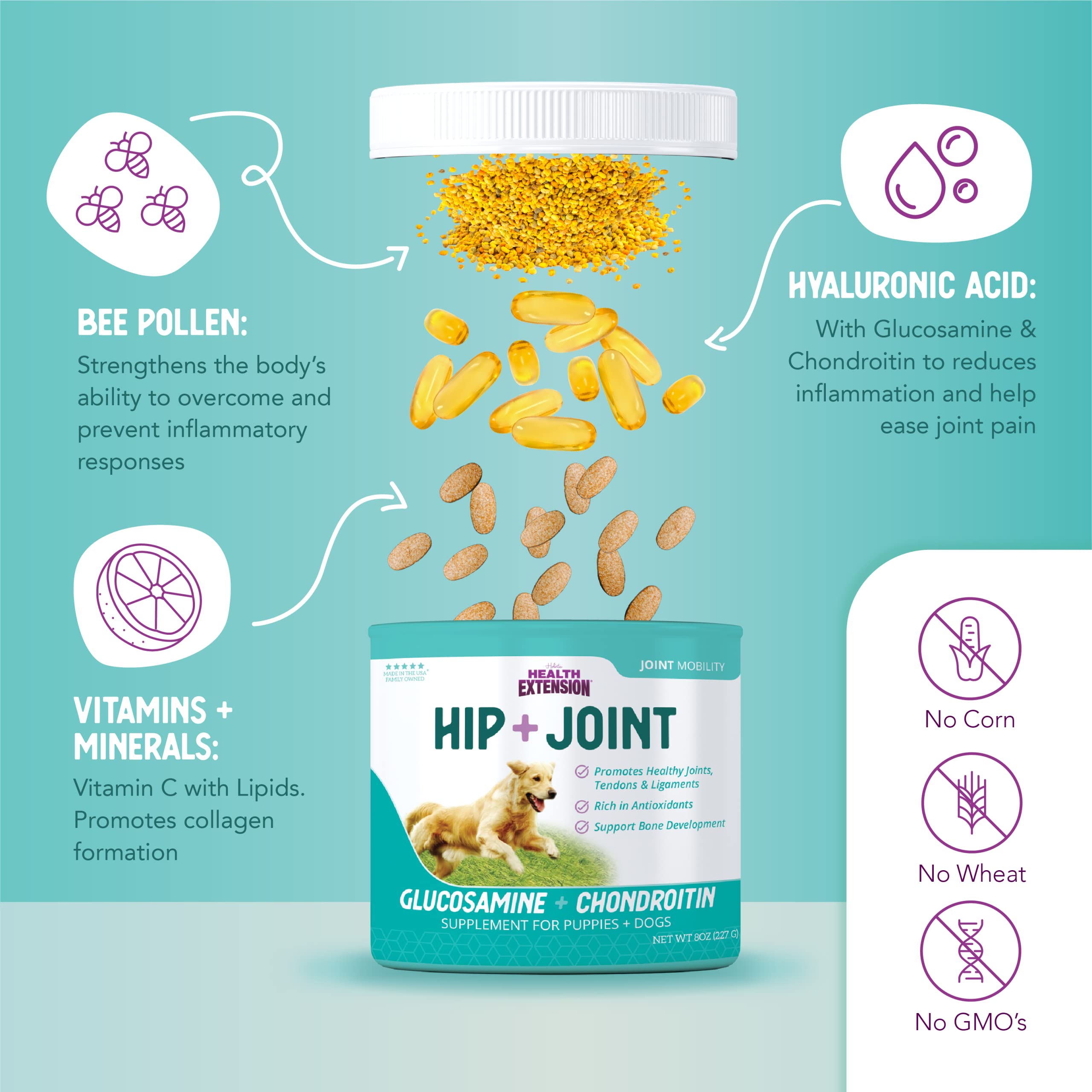 Health Extension Hip and Joint Mobility Support Glucosomine Powder Dog Supplement - 8 Oz  