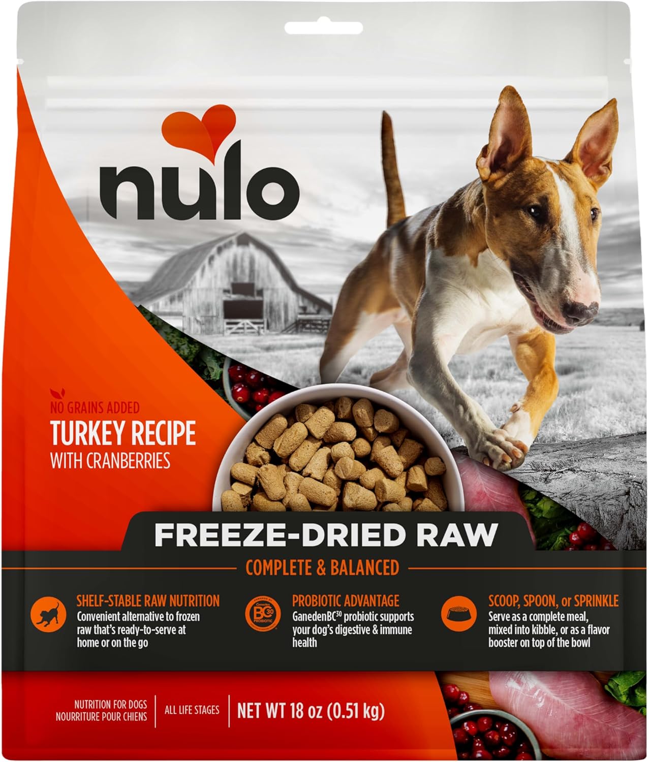 Nulo Grain-Free Freeze-Dried Raw Turkey with Cranberries Complete and Balanced Dry Dog Food 18 Ounce