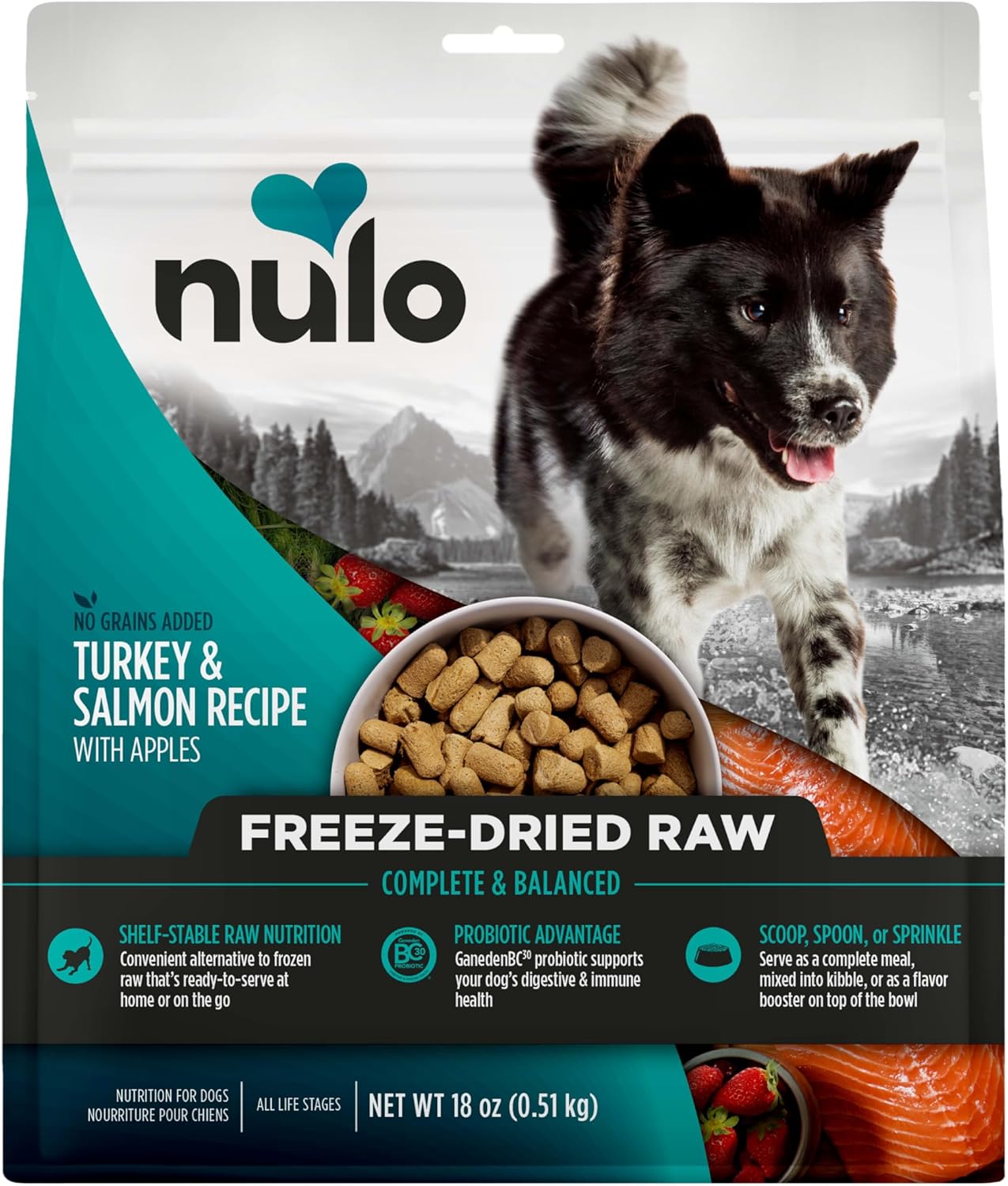 Nulo Grain-Free Freeze-Dried Raw Turkey and Salmon with Apples Complete and Balanced Dry Dog Food - 18 Oz - Case of 5