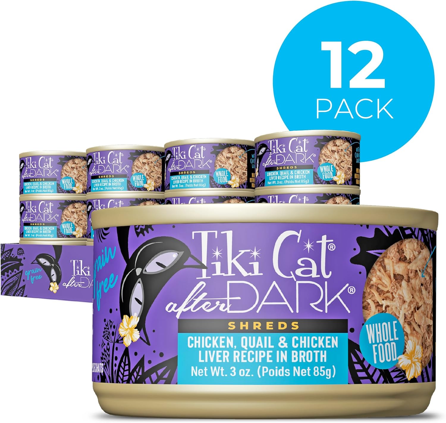 Tiki Cat After Dark Shreds Grain-Free Chicken Quail and Chicken Liver in Broth Adult Canned Cat Food - 3 Oz - Case of 12