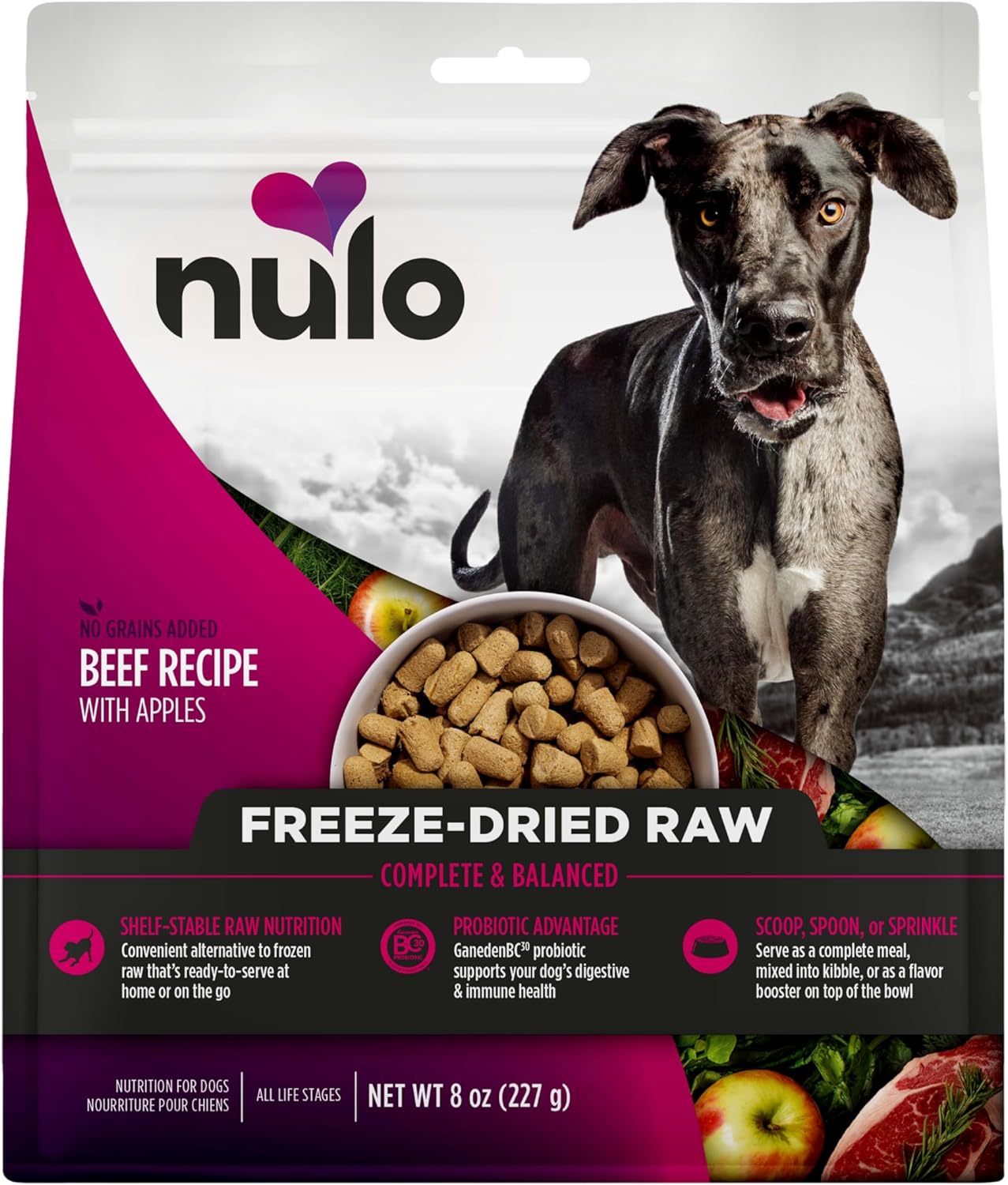 Nulo Grain-Free Freeze-Dried Raw Beef Recipe with Apples Complete and Balanced Dry Dog Food 8 Ounce