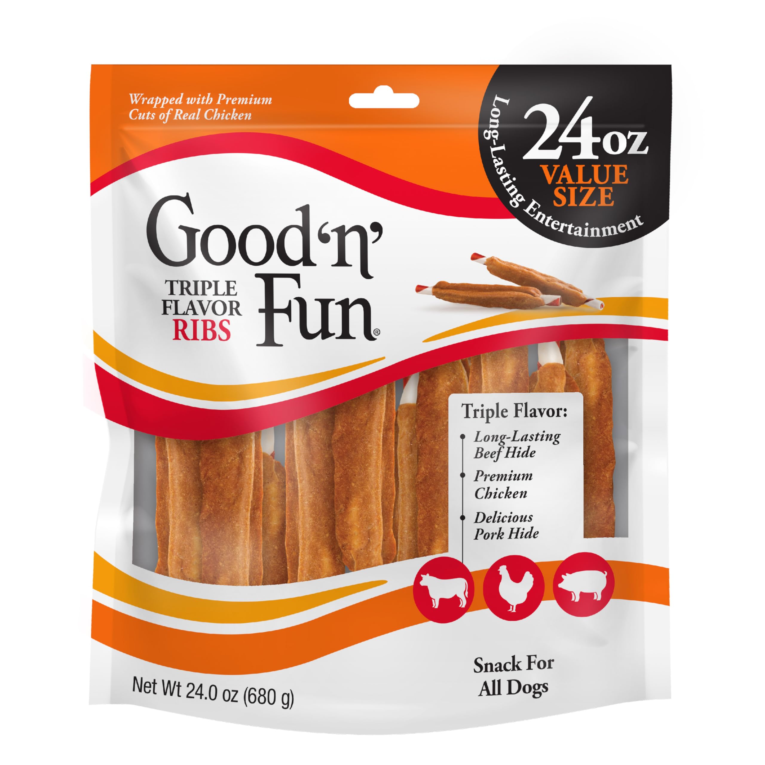 Healthy Hide Salix Good N' Fun Triple Flavor Rib Chicken Beef and Pork Natural Dog Chews - 12 Oz  