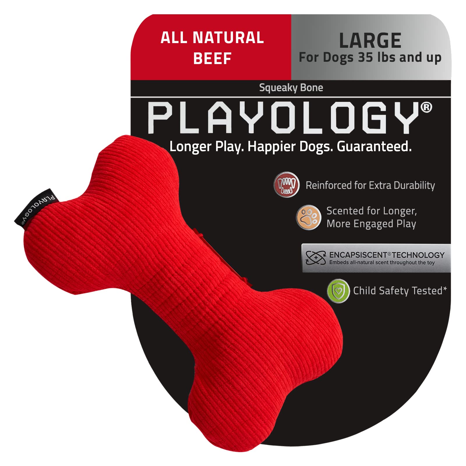 Playology Beef Scented Squeaky Bone Plush and Squeak Dog Toy with Encapsiscent Technology - Large  