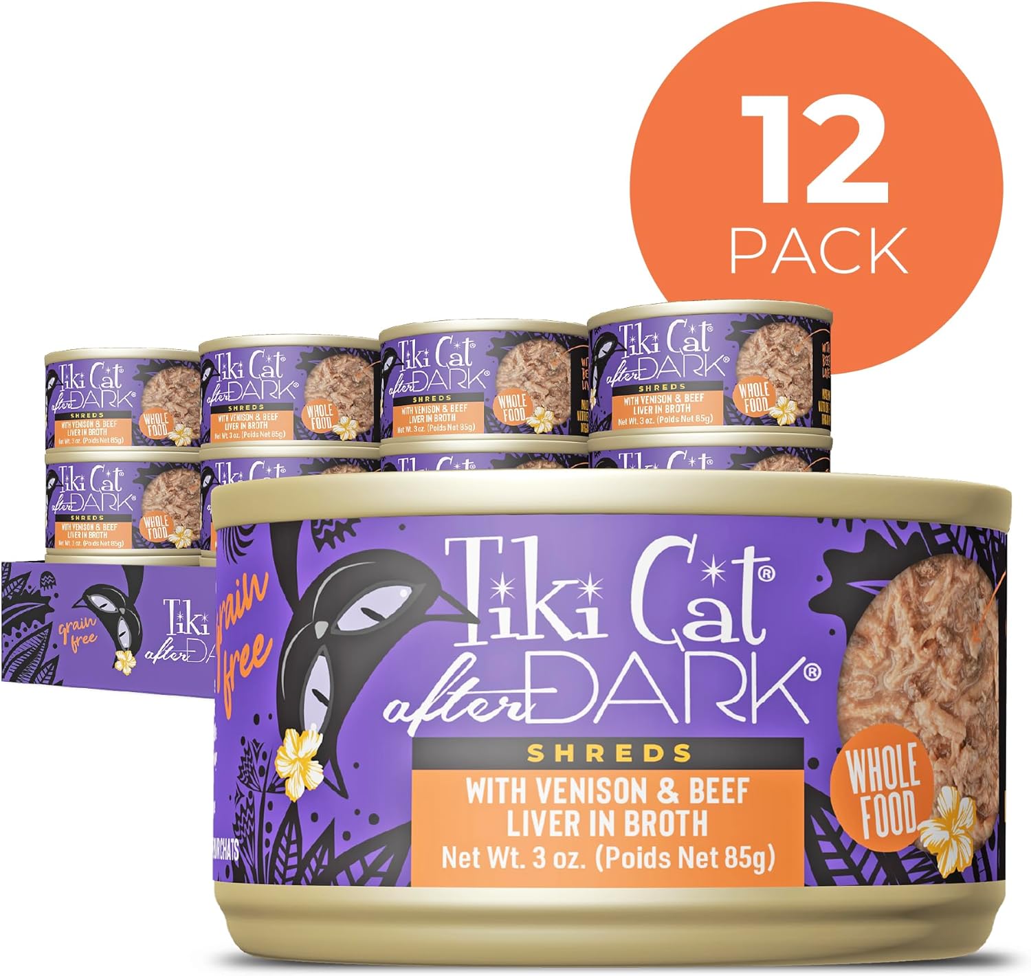 Tiki Cat After Dark Shreds Grain-Free Venison with Beef Liver in Broth Adult Canned Cat Food - 3 Oz - Case of 12