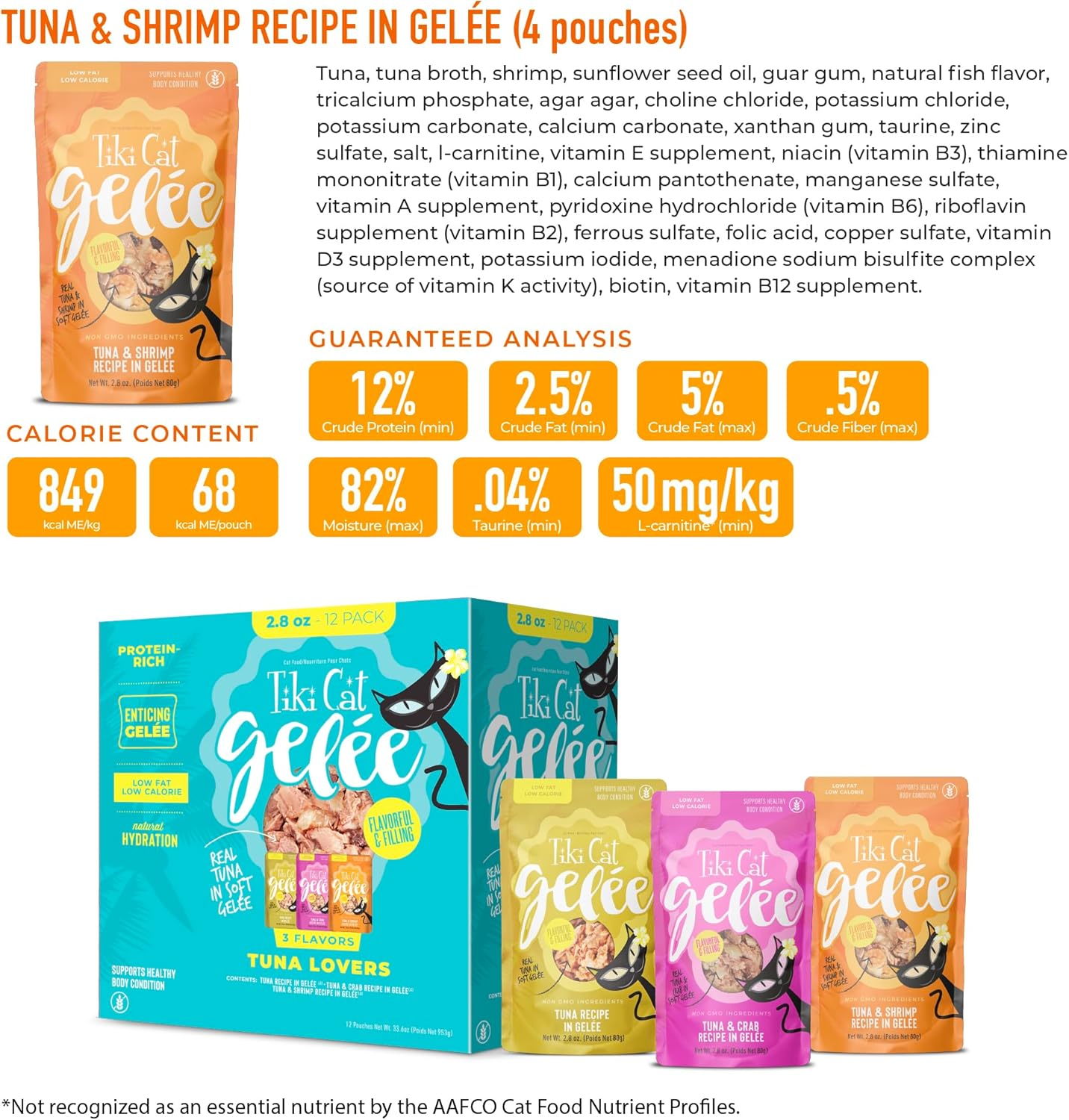 Tiki Cat Gelee Low-Fat Tuna Crab and Shrimp in Gelee Wet Cat Food Pouch - Variety Pack - 2.8 Oz - 12 Pack