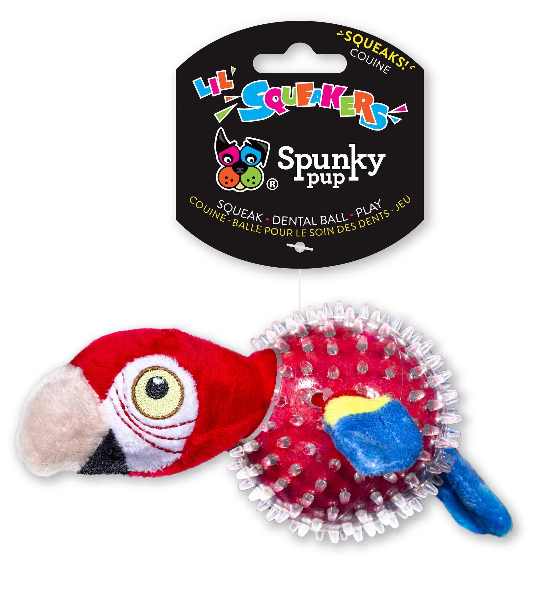 Spunky Pup Parrot in Clear Spikey Ball Squeak and Plush Dog Toy  