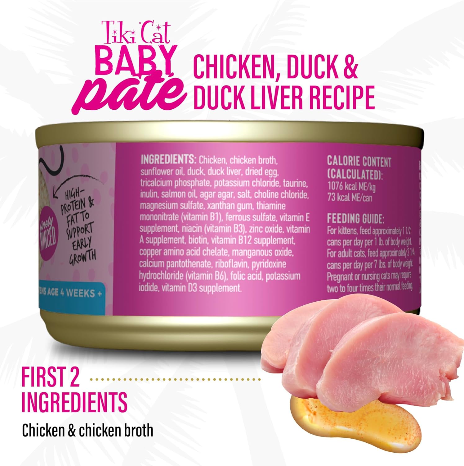 Tiki Cat Baby Pate Grain-Free Minced Chicken Duck and Duck Liver Kitten Canned Cat Food - 2.4 Oz - Case of 12