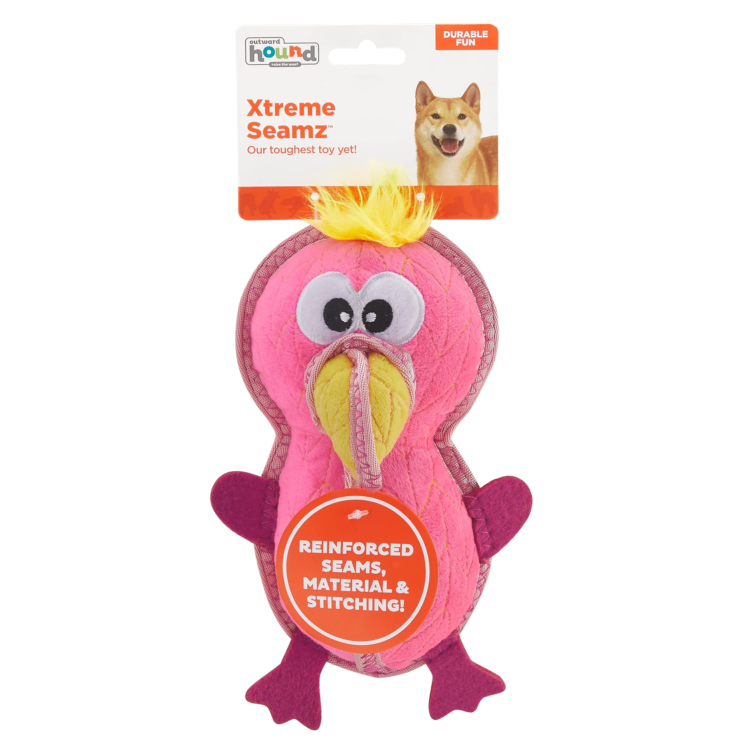 Outward Hound Xtreme Seamz Flamingo Squeak and Plush Reinforced Dog Toy  