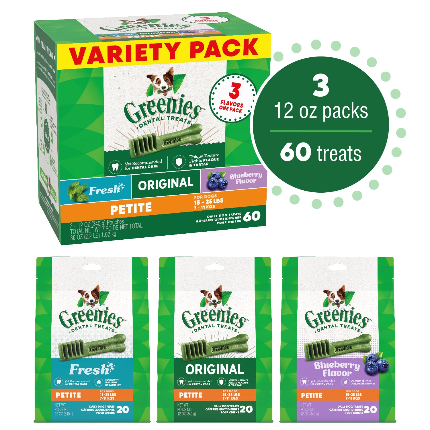 Greenies 3 Flavors Assorted Dental Dog Chews - Variety Pack - Petite - 36 Oz  
