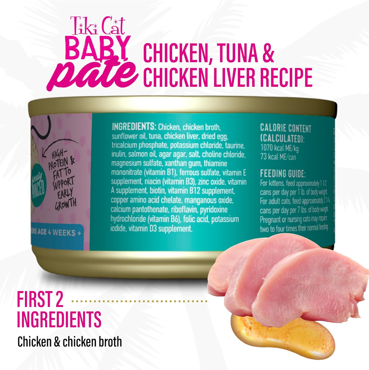 Tiki Cat Baby Pate Grain-Free Minced Chicken Tuna and Chicken Liver Kitten Canned Cat Food - 2.4 Oz - Case of 12