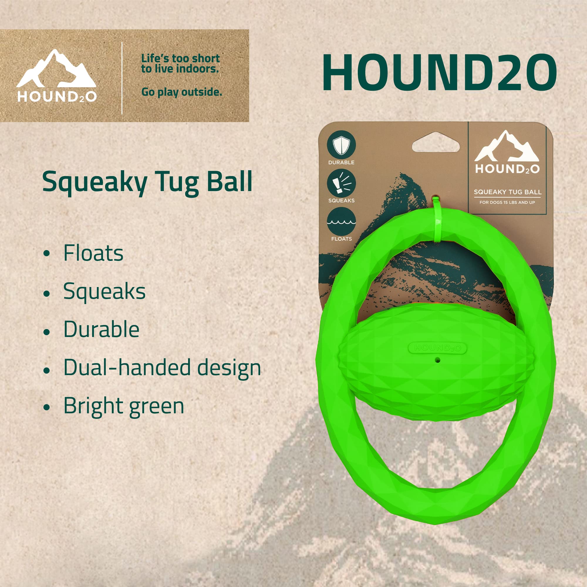 Playology Hound2O Squeaky Tug Ball Squeak and Floating Rubber Dog Toy - Green  