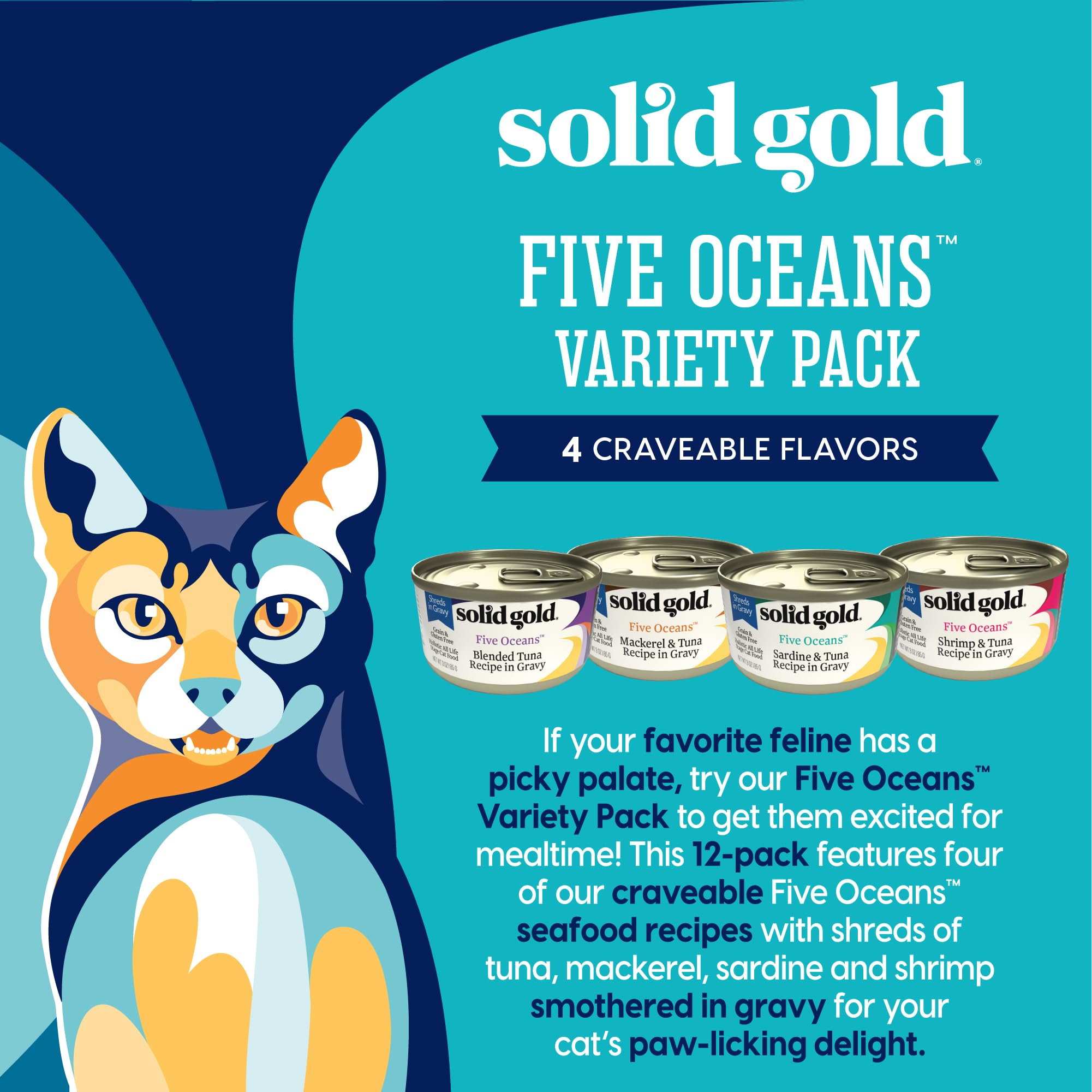 Solid Gold Feline Favorites 4-in-1 Five Oceans Tropical Blendz and Flavorful Feast Canned Cat Food - Variety Pack - 3 Oz - Case of 12  