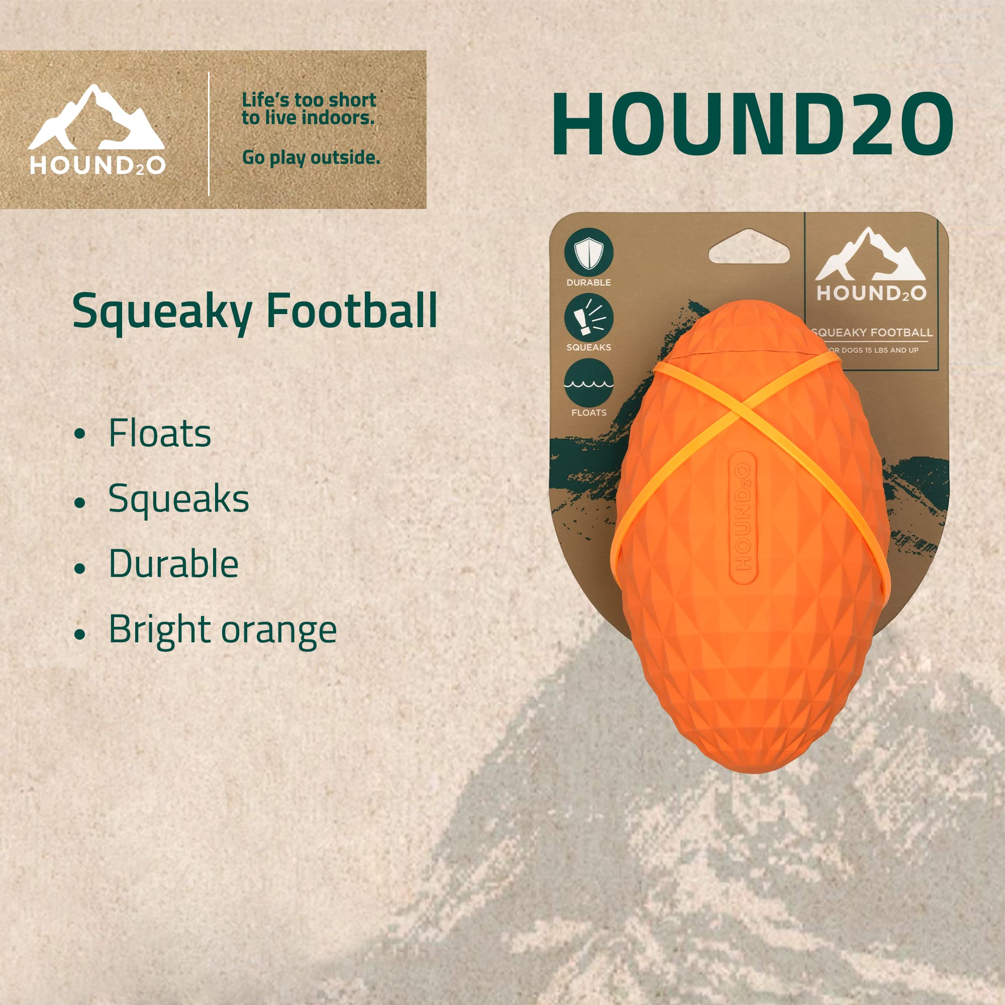 Playology Hound2O Squeaky Football Squeak and Floating Rubber Dog Toy - Orange  