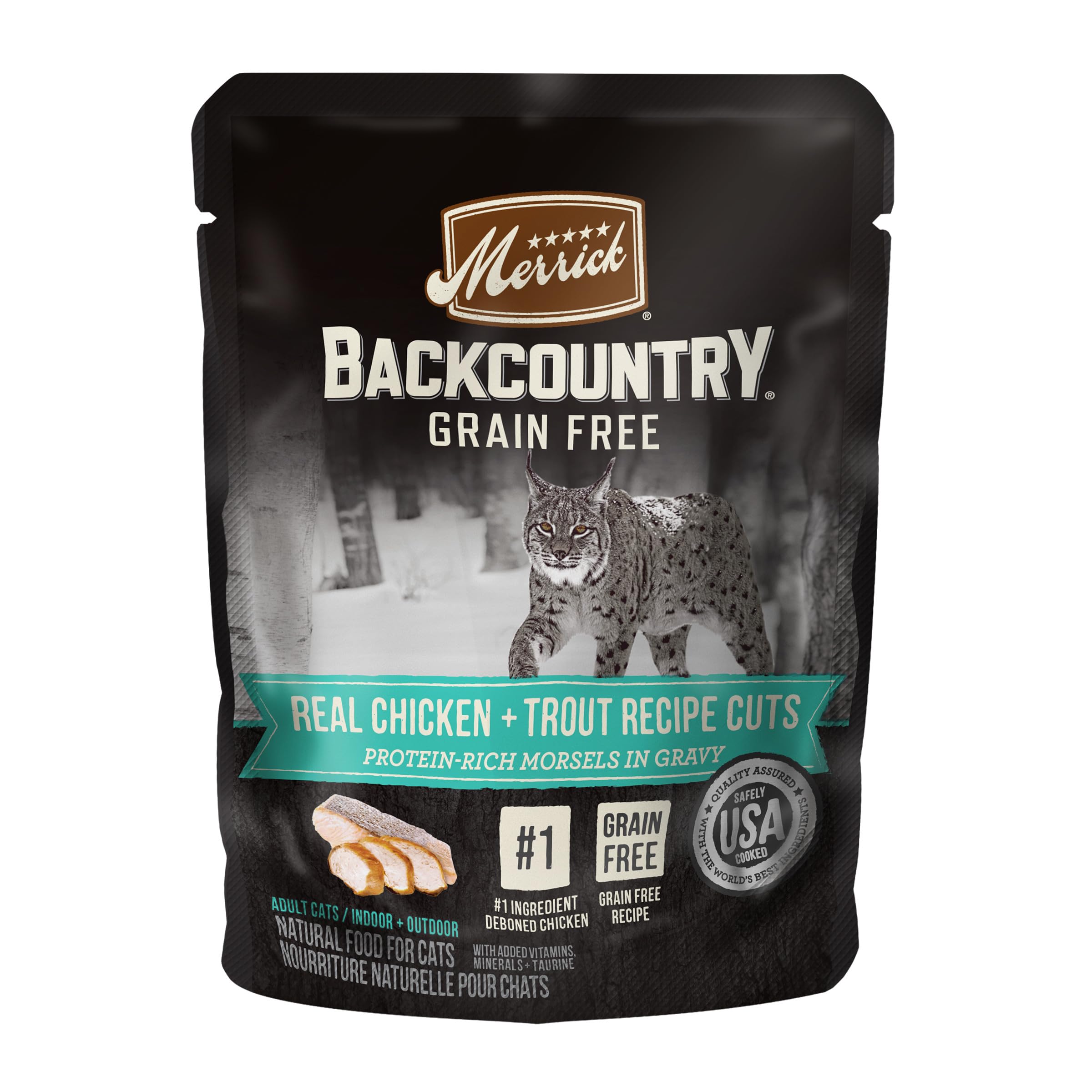 Merrick 'Backcountry' Grain-Free Chicken + Trout Recipe Real Cuts Wet Cat Food - 3 oz Pouches - Case of 24  