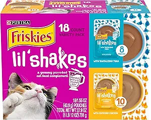 Purina Friskies Lil' Shakes Chicken Salmon Turkey and Tuna with Coconut Milk Puree Wet Cat Food or Topper Pouch - Variety Pack - 1.55 Oz - Case of 16 - 2 Pack