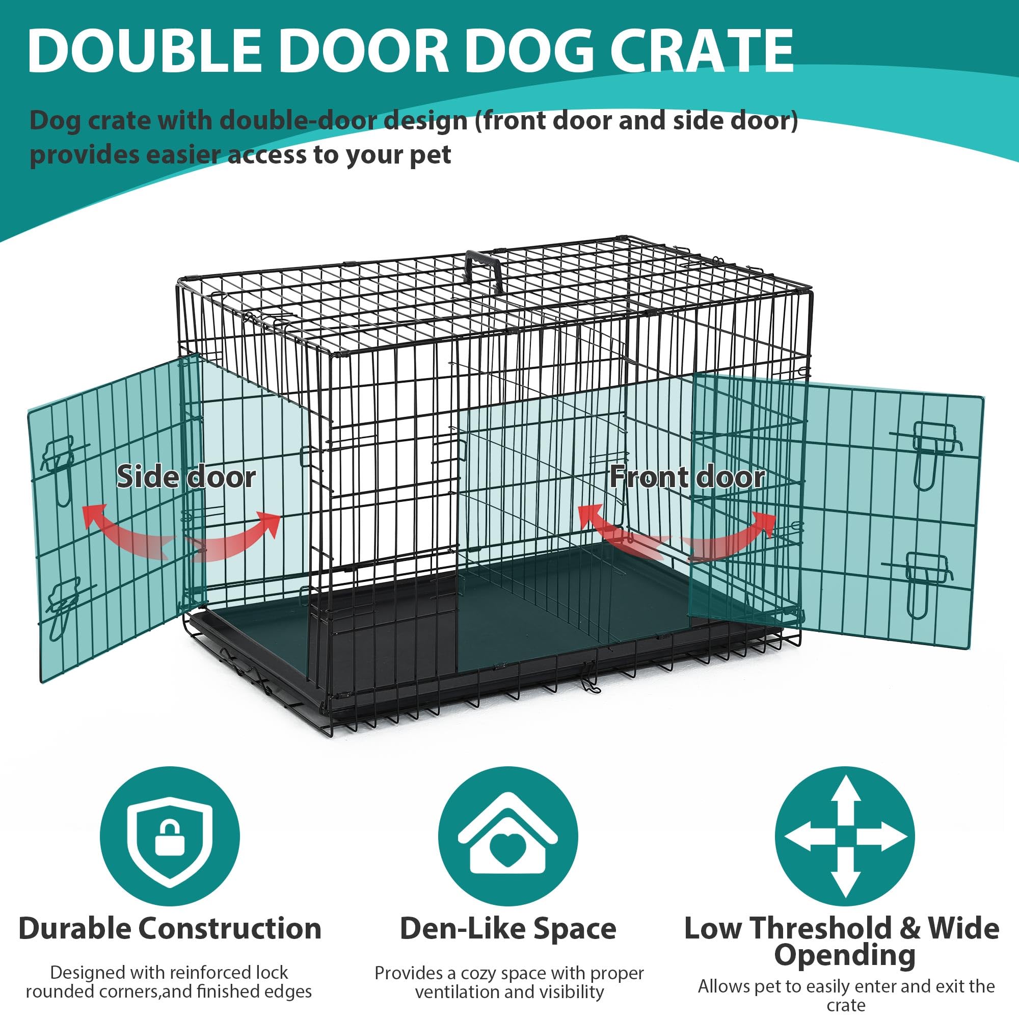 Mclovin's Pet Double Door Folding Metal Dog Crate - Black - 48" Inches  