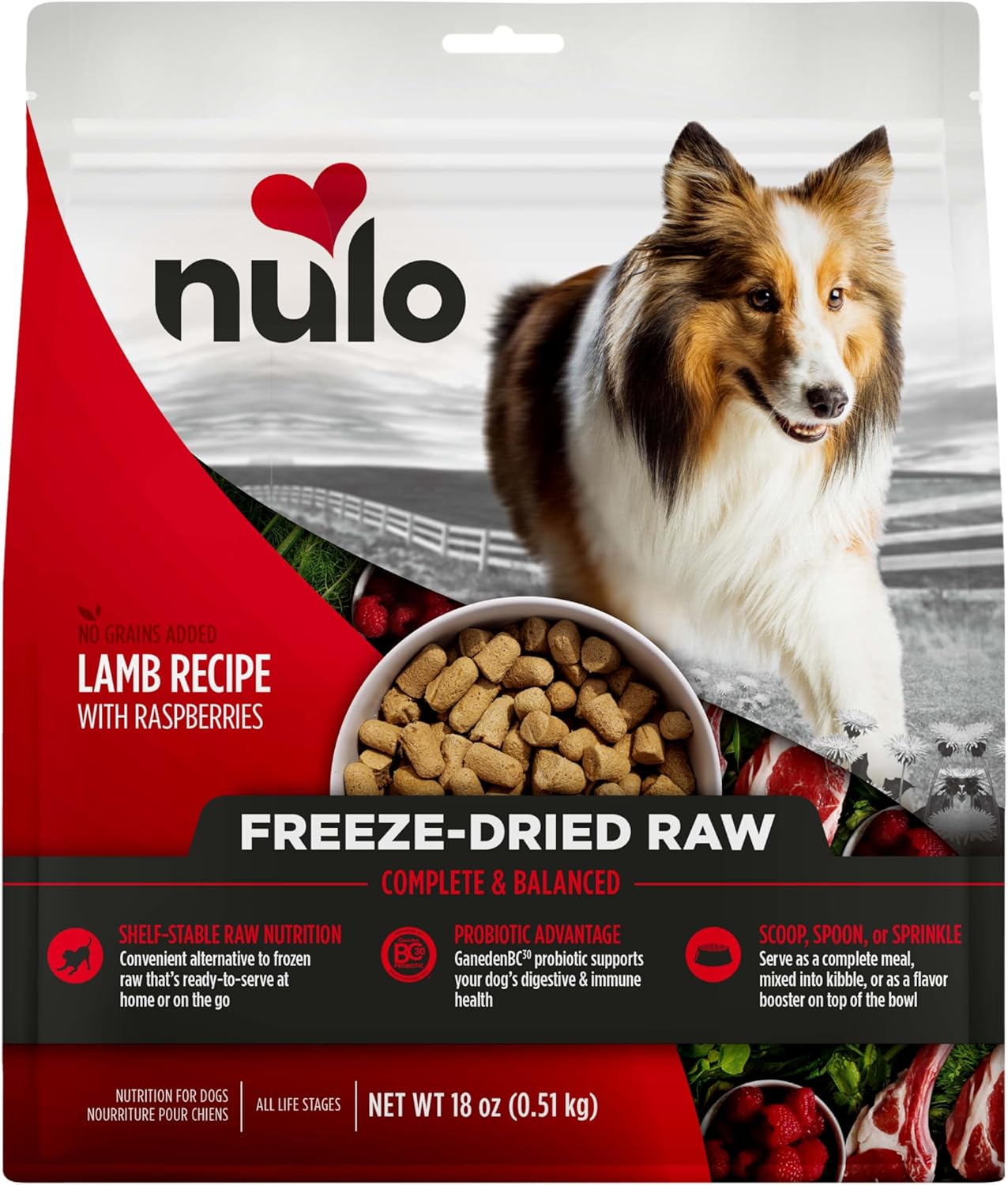 Nulo Grain-Free Freeze-Dried Raw Lamb with Raspberries Complete and Balanced Dry Dog Food 18 Ounce