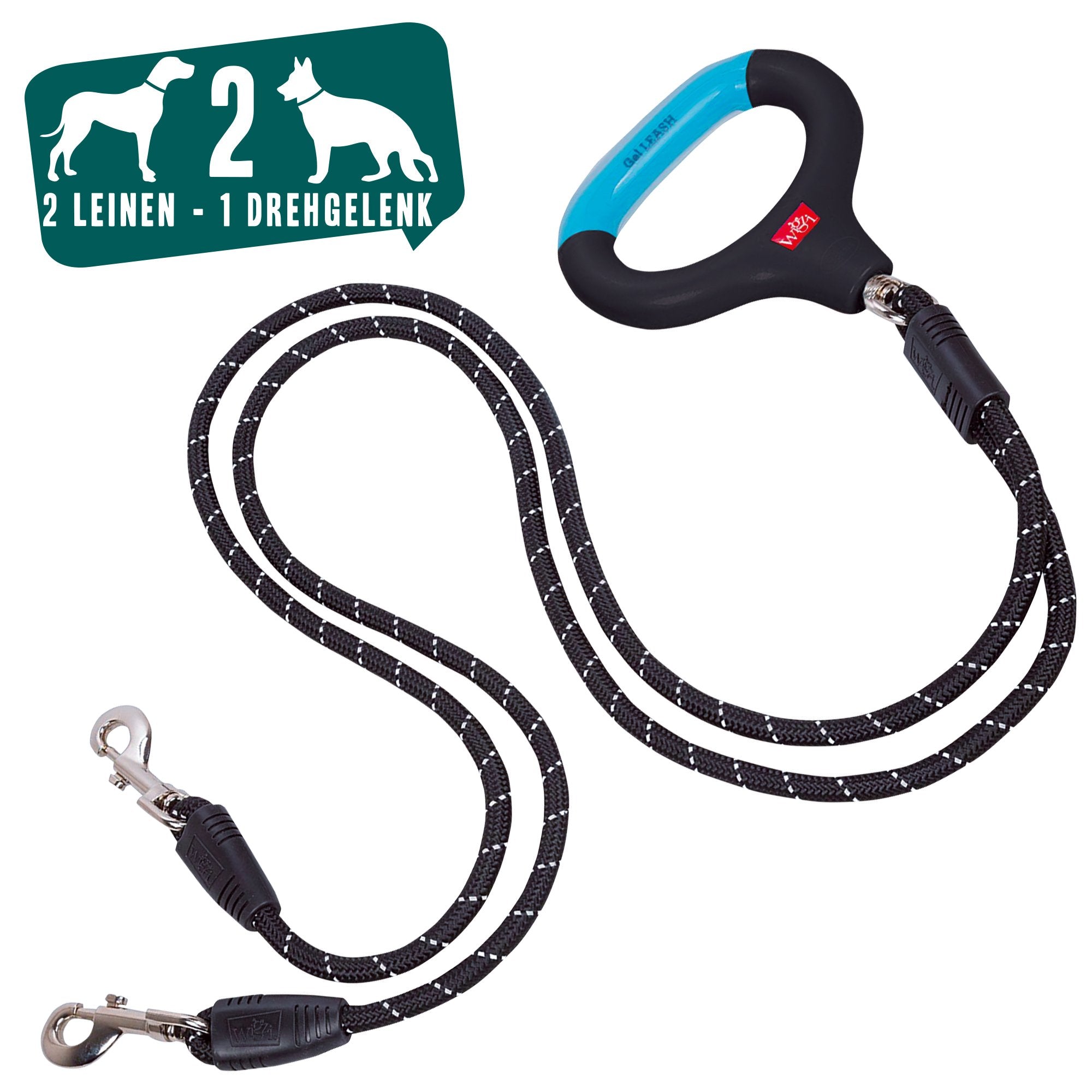 Wigzi Dual-Dog Walking Auto-Untangle Gel Grip Handle and Reflective Swivel Cable Dog Leash - Black and Blue - Small - 4.5 Feet  