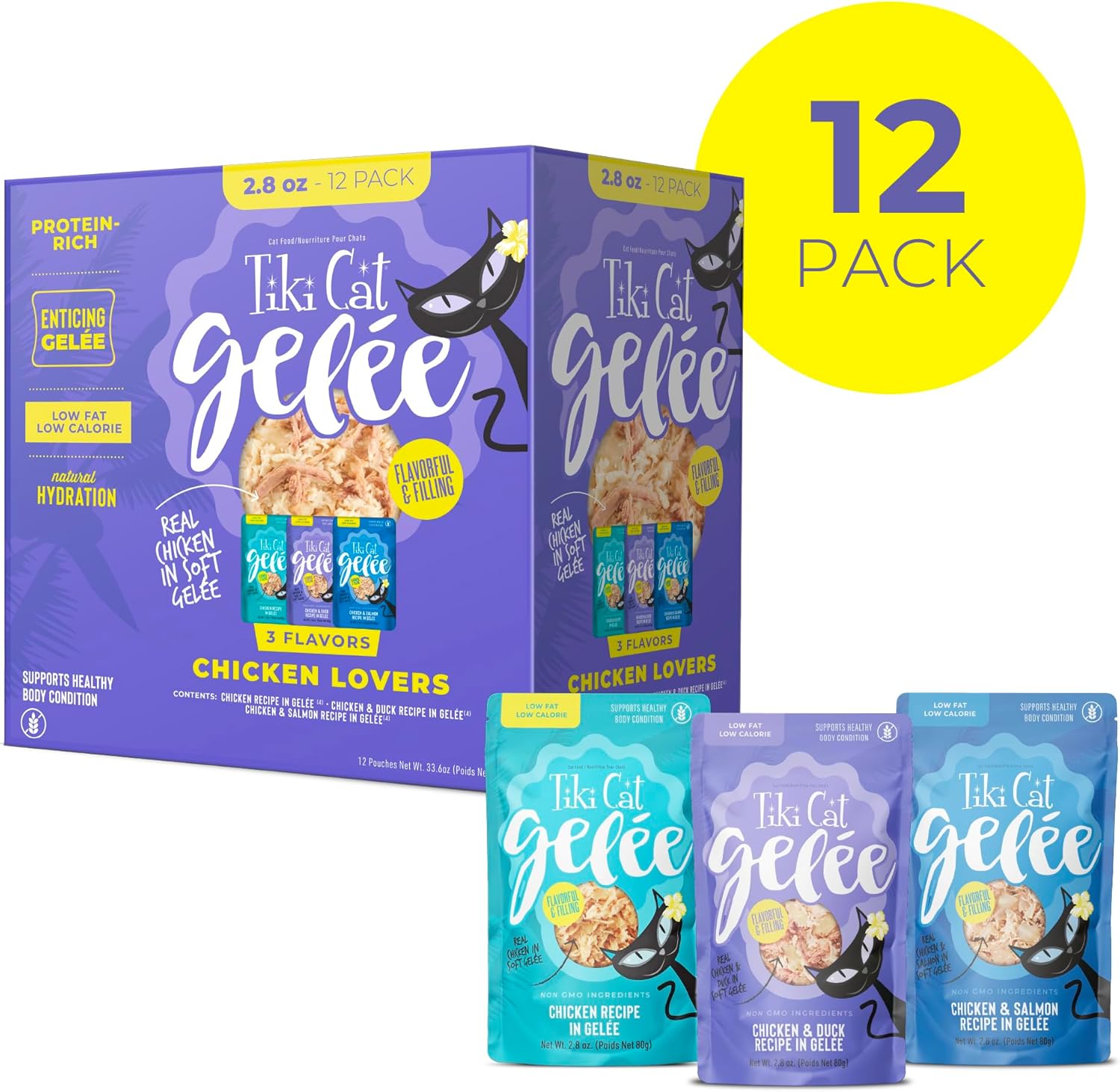 Tiki Cat Luau Lean Gelee Low-Fat Chicken Duck and Salmon in Gelee Wet Cat Food Pouch -  Variety Pack - 2.8 Oz - 12 Pack