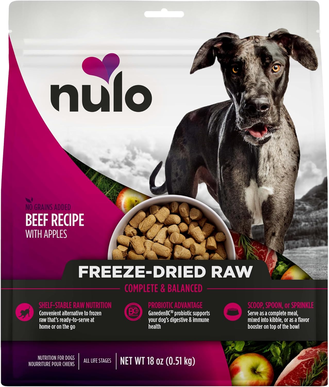 Nulo Grain-Free Freeze-Dried Raw Beef Recipe with Apples Complete and Balanced Dry Dog Food 18 Ounce