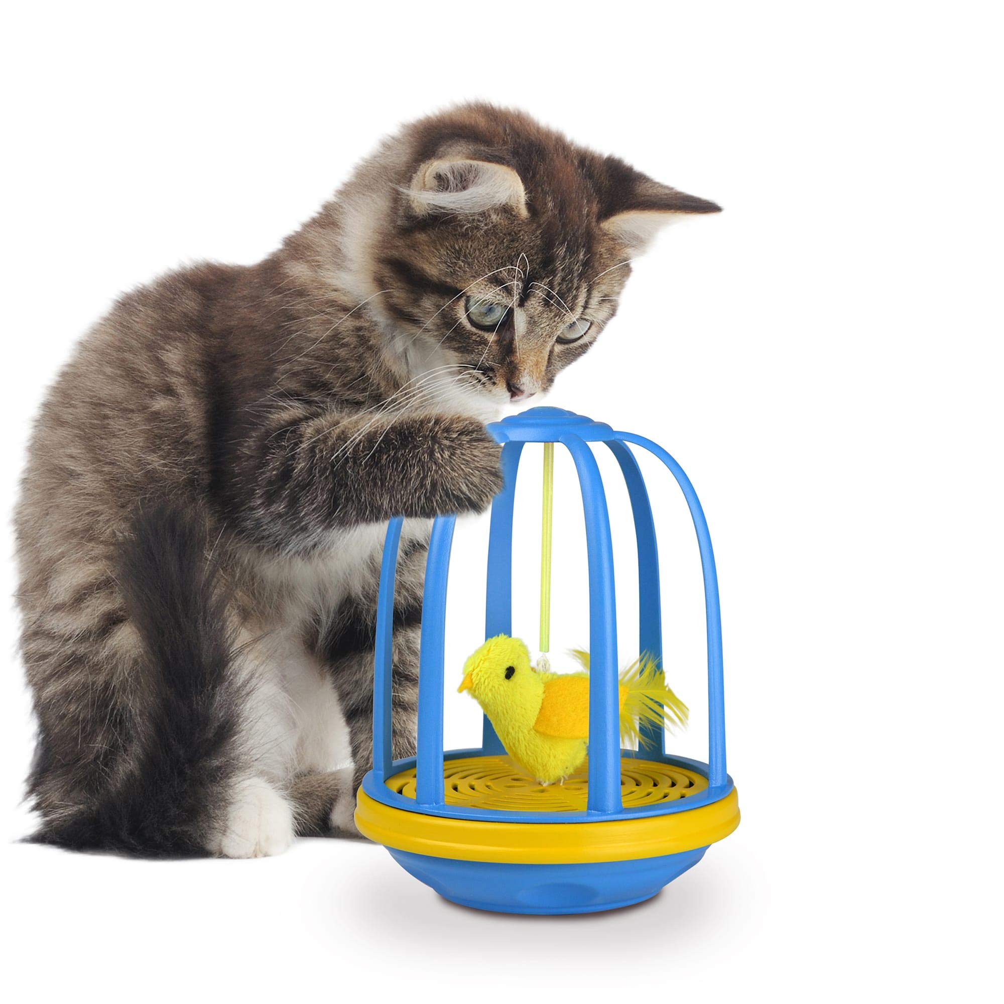 OurPets Bird In Cage Electronic Teasing Bird Soundmaking Cat Toy - Blue/Yellow  
