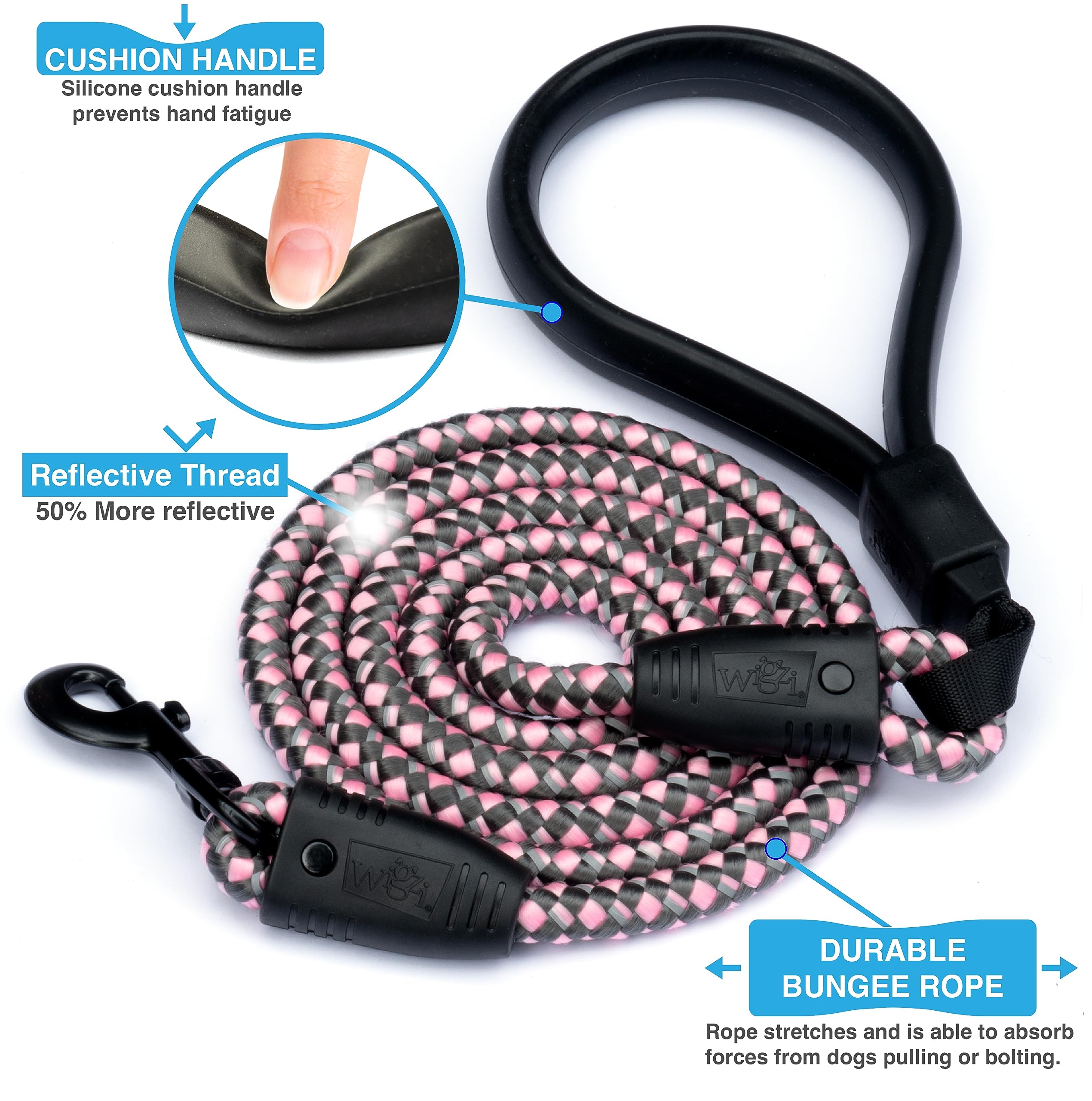 Wigzi Flex Walk Reflective Bungi Cable Dog Leash - Pink - 6 Feet  