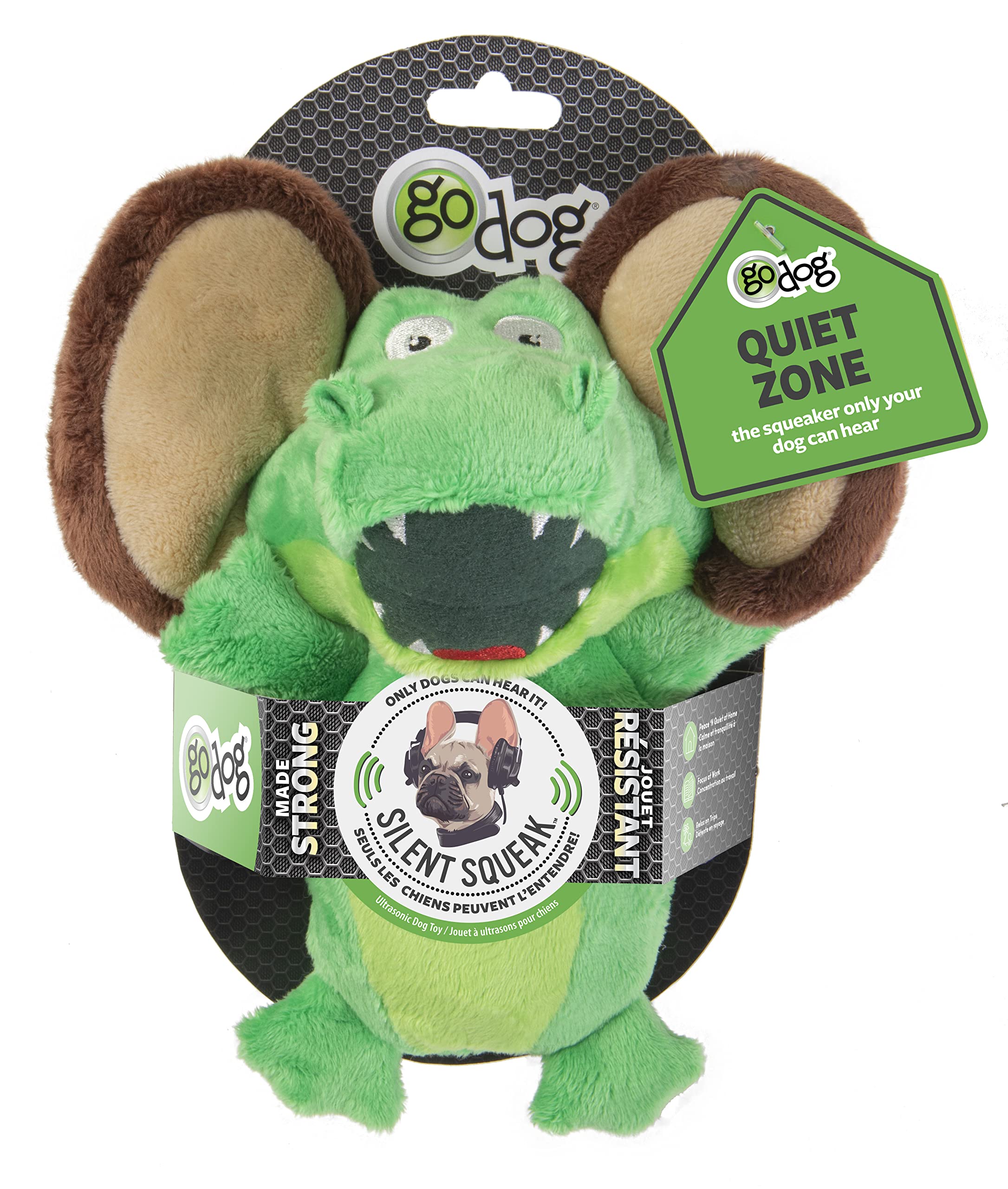 GoDog Hear Doggy Flattie Gator Silent Squeak Dog Toy with Chew-Guard Tech  