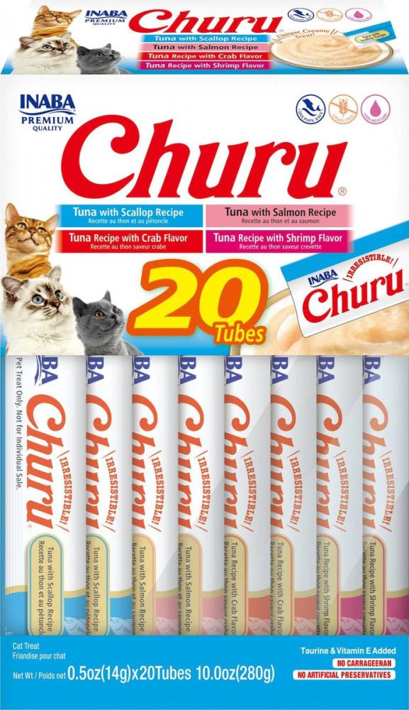 Inaba Churu Tuna and Seafood Lickable and Squeezable Puree Cat Treat Pouches - Variety Pack - .5 Oz - Case of 20  