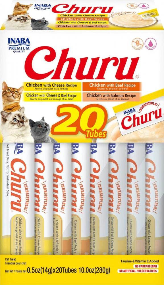 Inaba Churu Chicken and Beef Lickable and Squeezable Puree Puree Cat Treat Pouches - Assorted - .5 Oz - Case of 20  