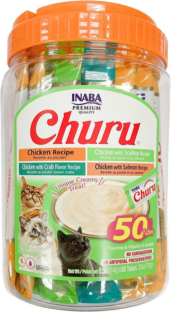 Inaba Churu Chicken and Seafood Recipe Lickable and Squeezable Puree Cat Treat Pouches - Assorted - .5 Oz - Case of 50  